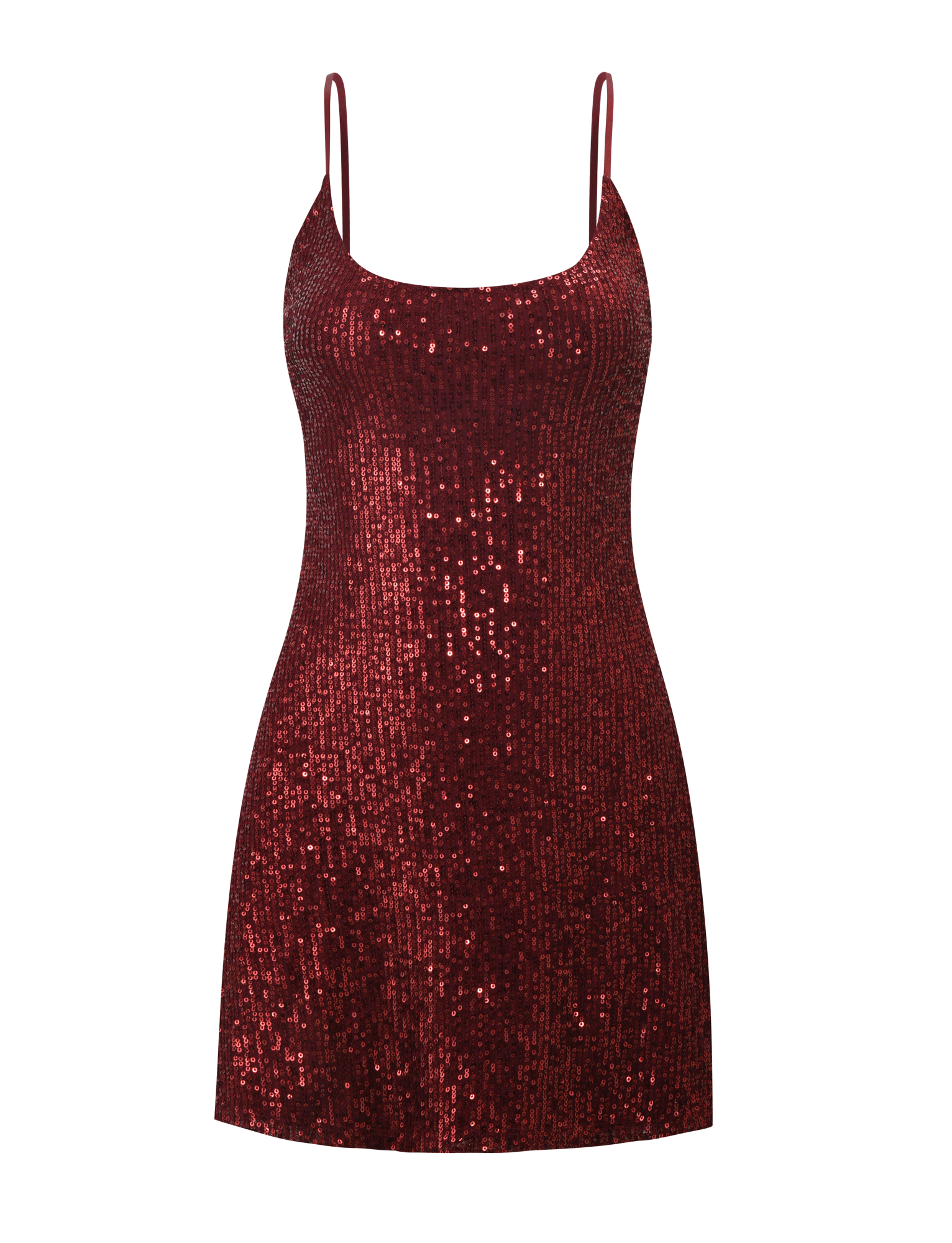 The ZEINA MINI DRESS by TIGERMIST is a wine sequin, sleeveless mini dress with adjustable straps and a fitted silhouette for a glamorous, sparkly look.