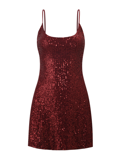 The ZEINA MINI DRESS by TIGERMIST is a wine sequin, sleeveless mini dress with adjustable straps and a fitted silhouette for a glamorous, sparkly look.
