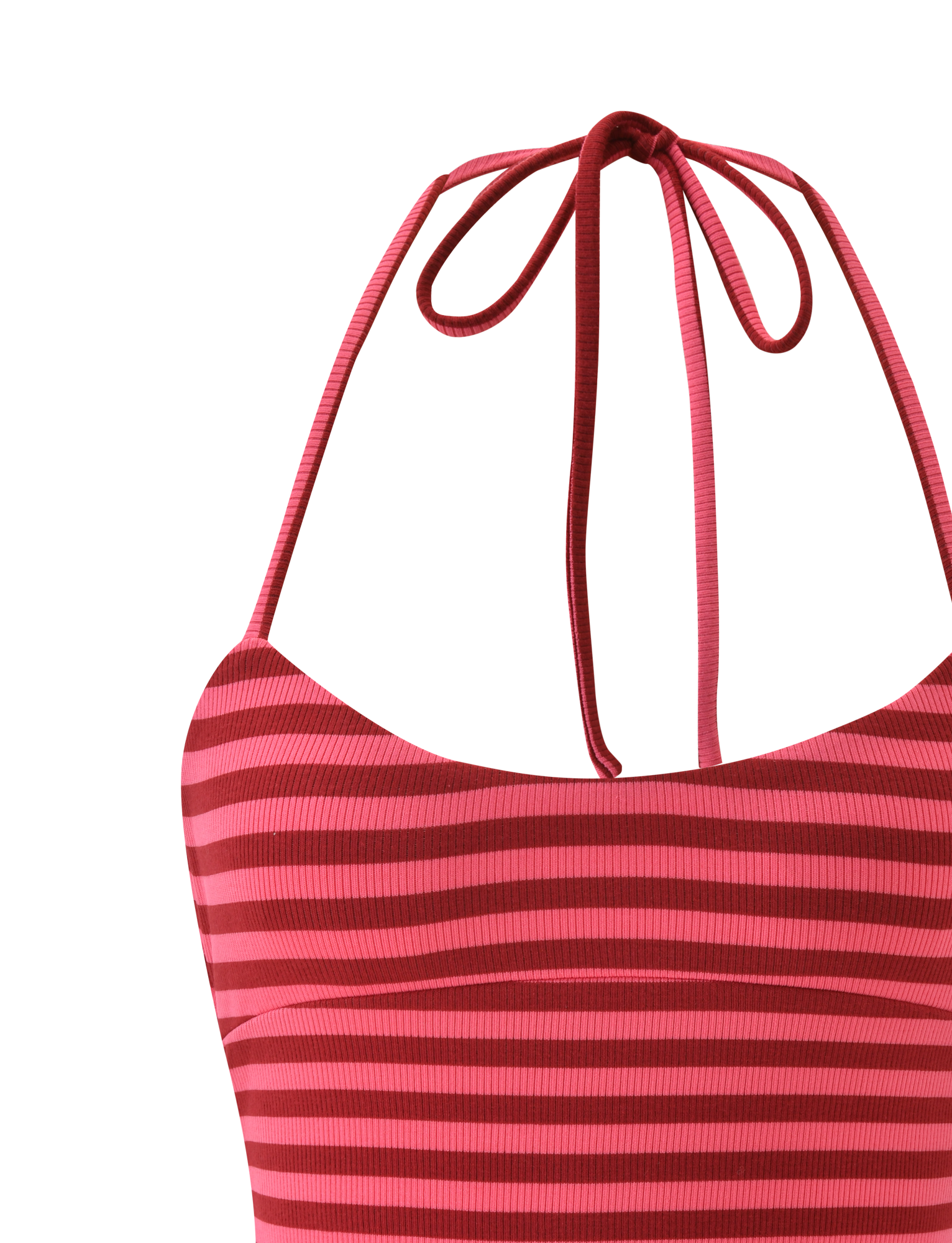 Close-up of the CERYS RIB TOP - PINK RED STRIPE by TIGERMIST, a ribbed knit halter top with horizontal red and pink stripes, a neck tie, open back, and shown against a plain white background.