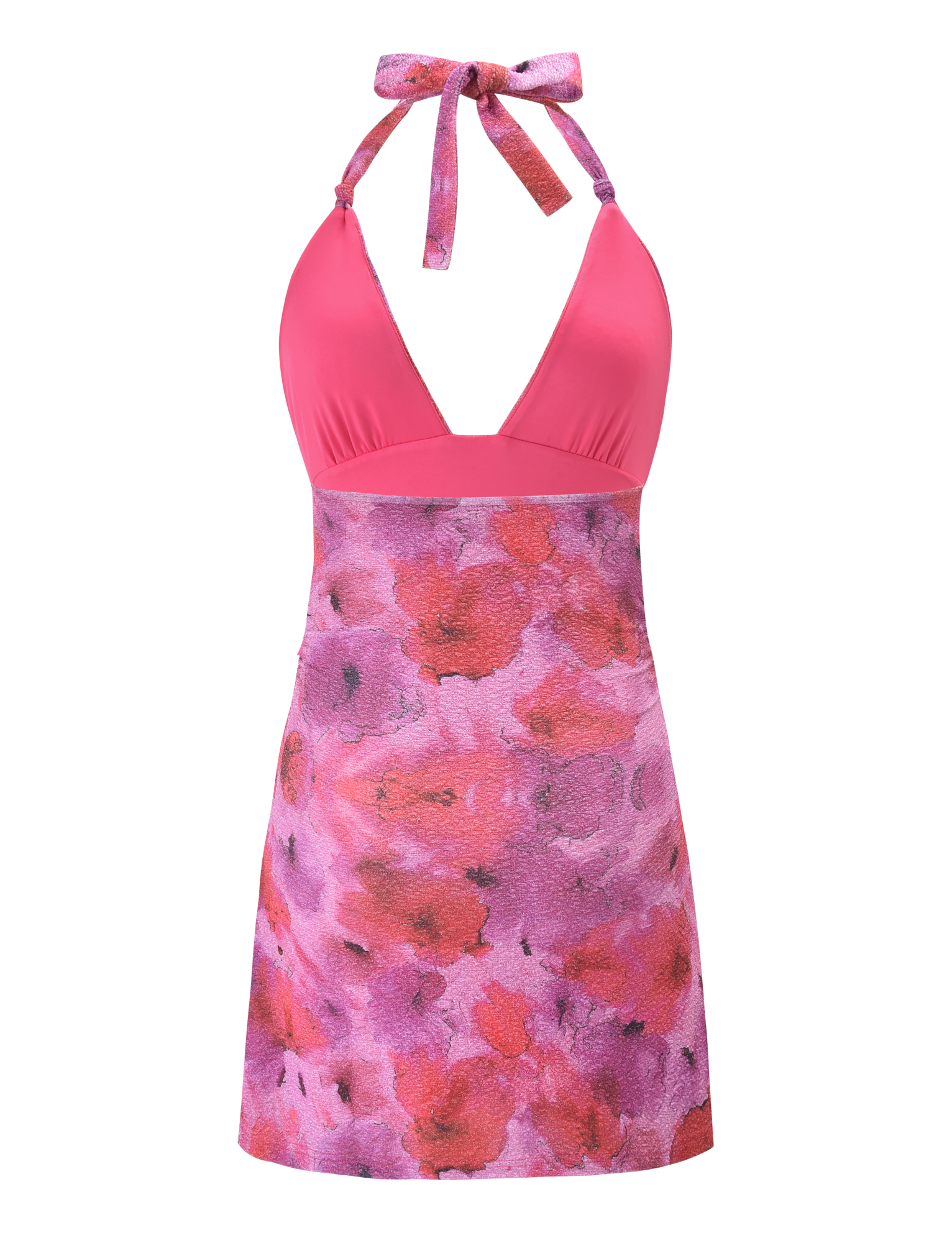 The TIGERMIST TALYN MINI DRESS - PINK SPARKLE FLORAL is a sleeveless halter A-line dress with a pink top, neck tie, and a fitted skirt in purple and pink floral print.
