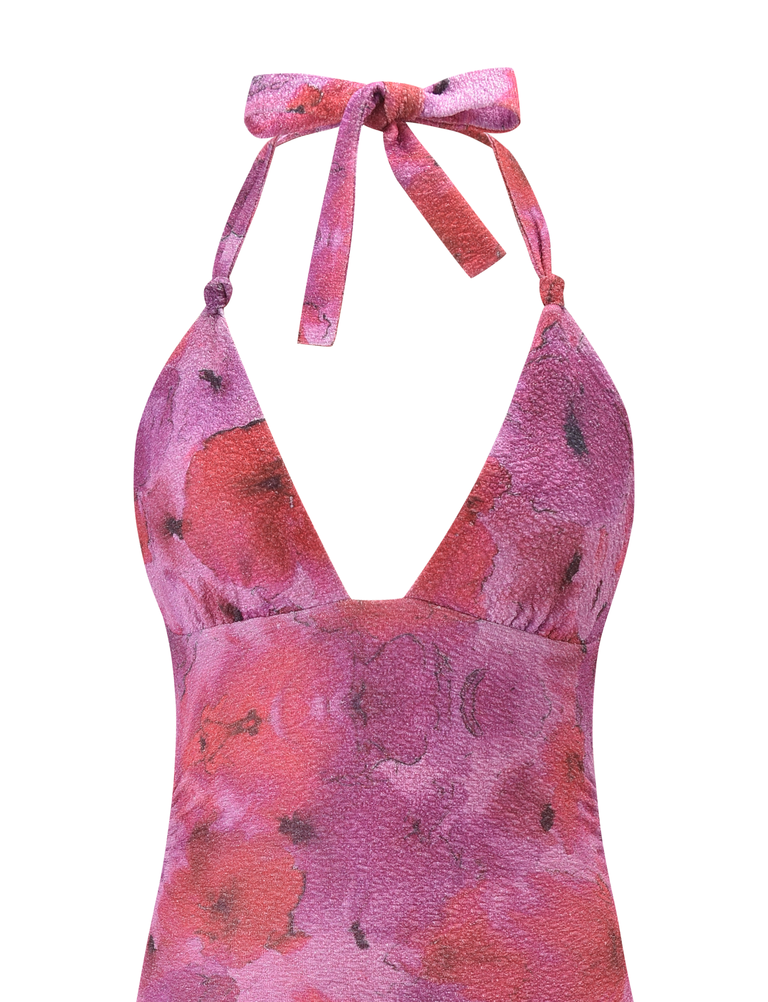 A close-up of the TIGERMIST TALYN MINI DRESS in Pink Sparkle Floral, featuring a halter-neck, textured fabric, playful pink and purple florals, and a neck tie for a chic look.
