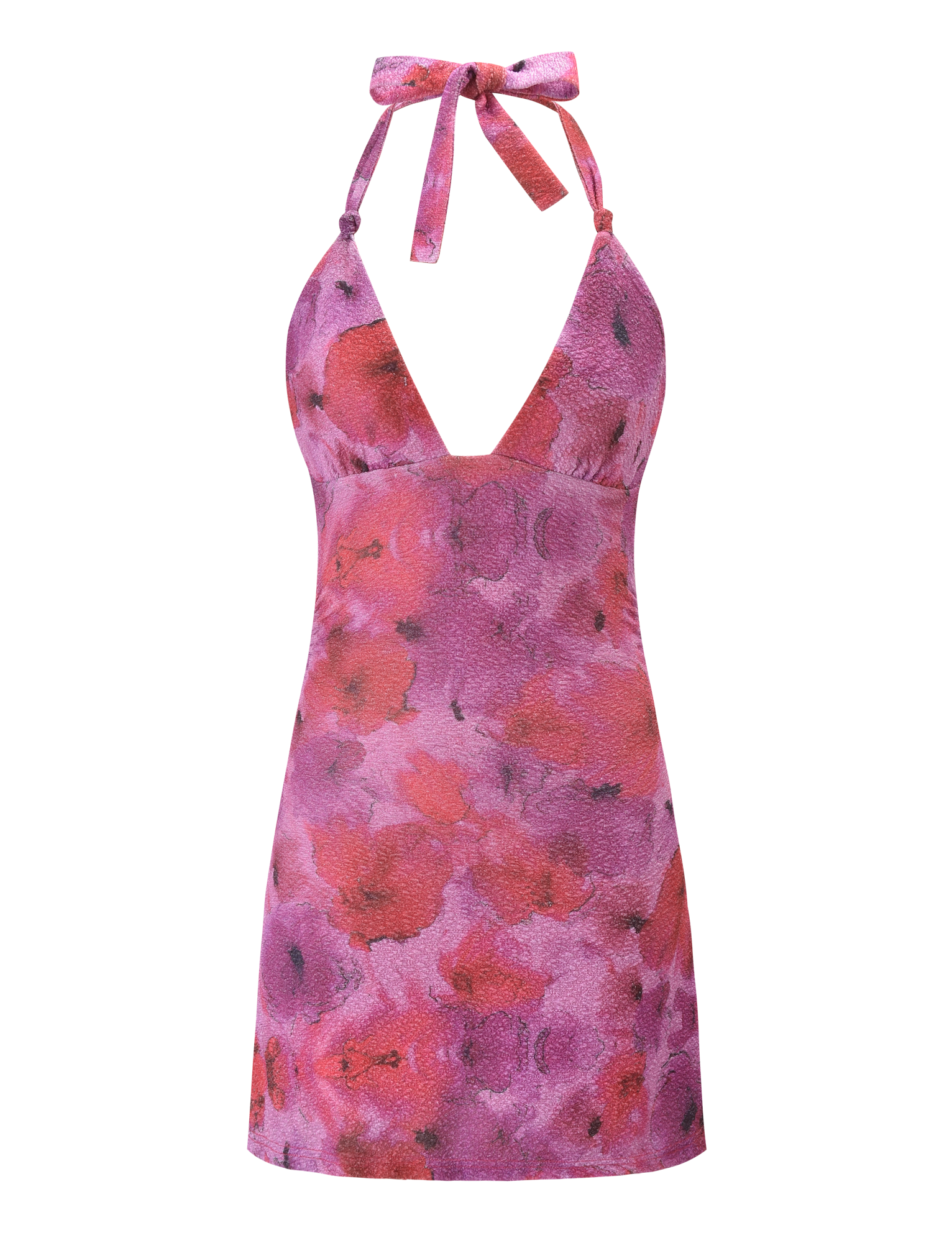 The TALYN MINI DRESS by TIGERMIST is a sleeveless, pink sparkle floral A-line dress with a deep V-neckline and a tied halter bow at the neck.