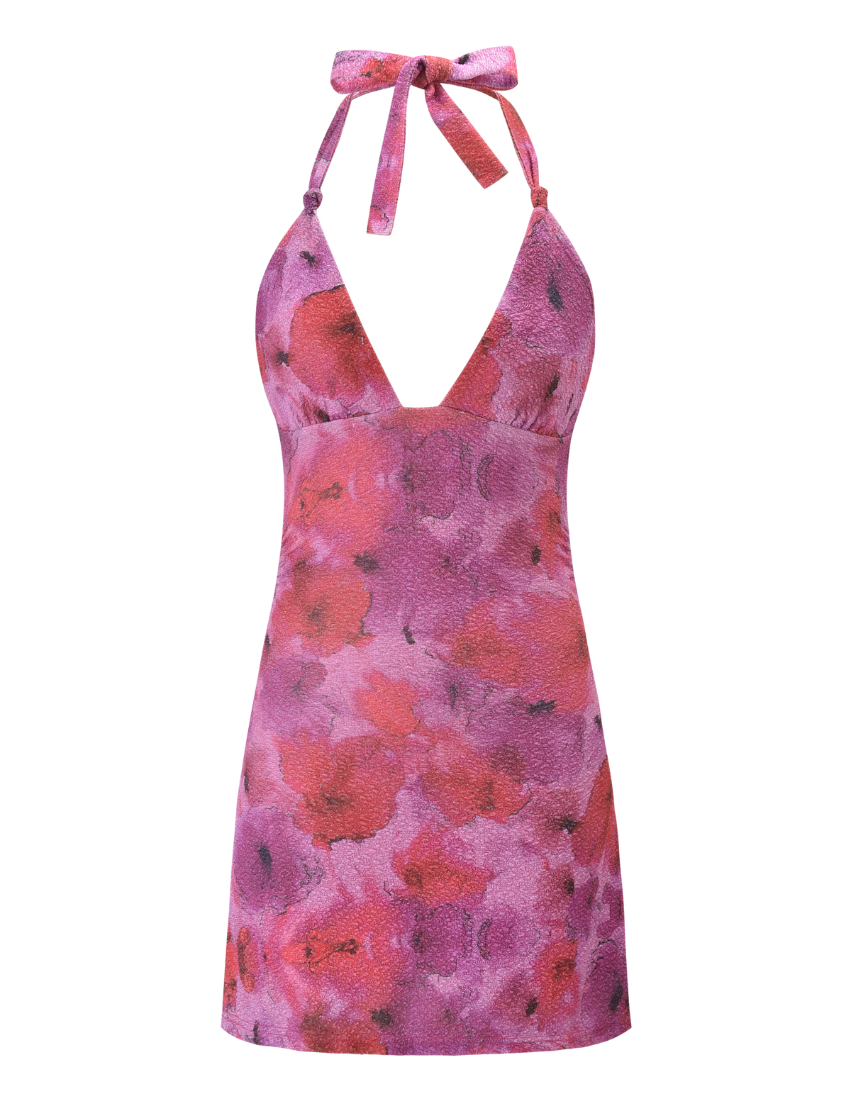 The TALYN MINI DRESS by TIGERMIST is a sleeveless, pink sparkle floral A-line dress with a deep V-neckline and a tied halter bow at the neck.