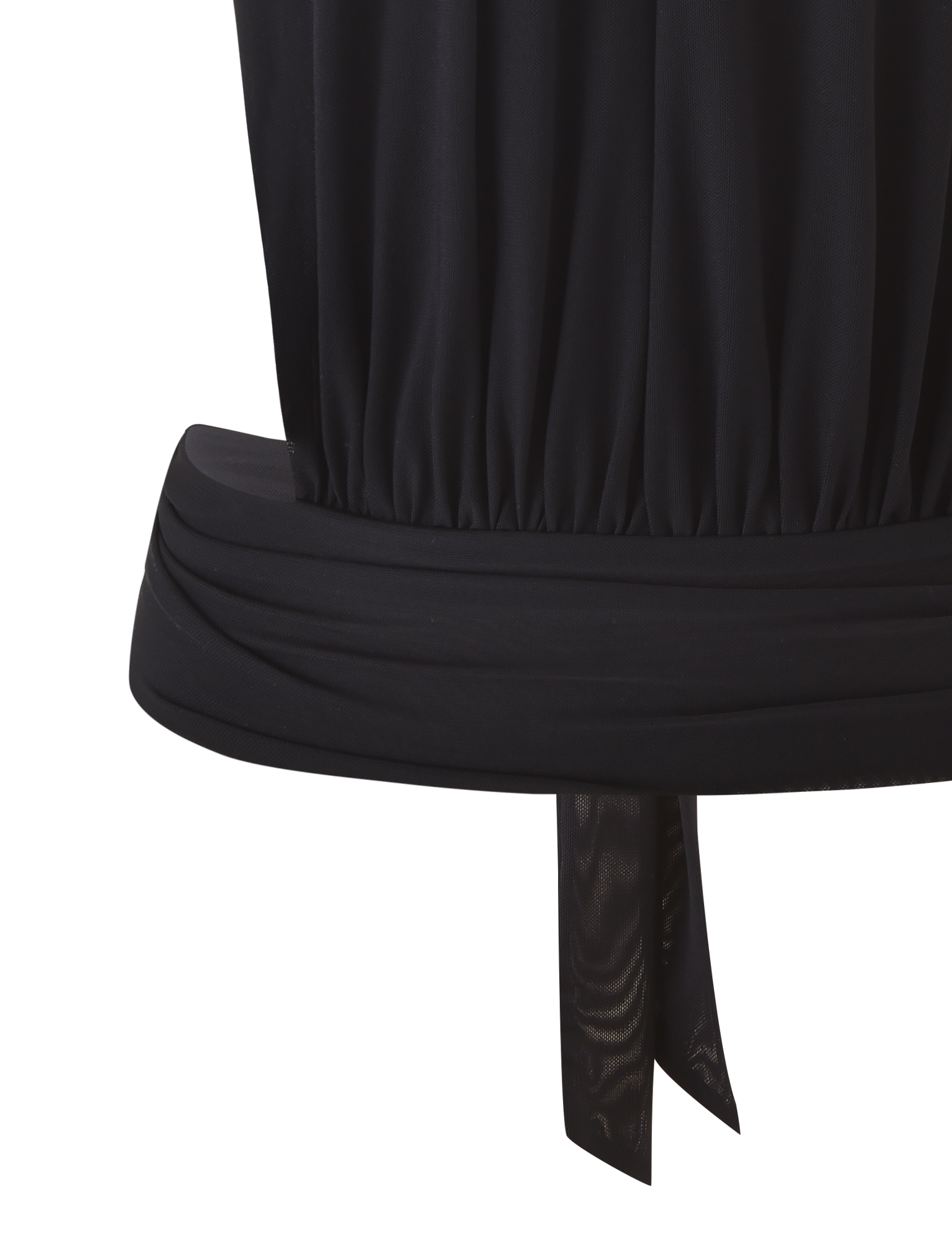Close-up of the TIGERMIST EVANNA TOP - BLACK, showing its gathered bodice, wide waistband, and hanging tie detail.