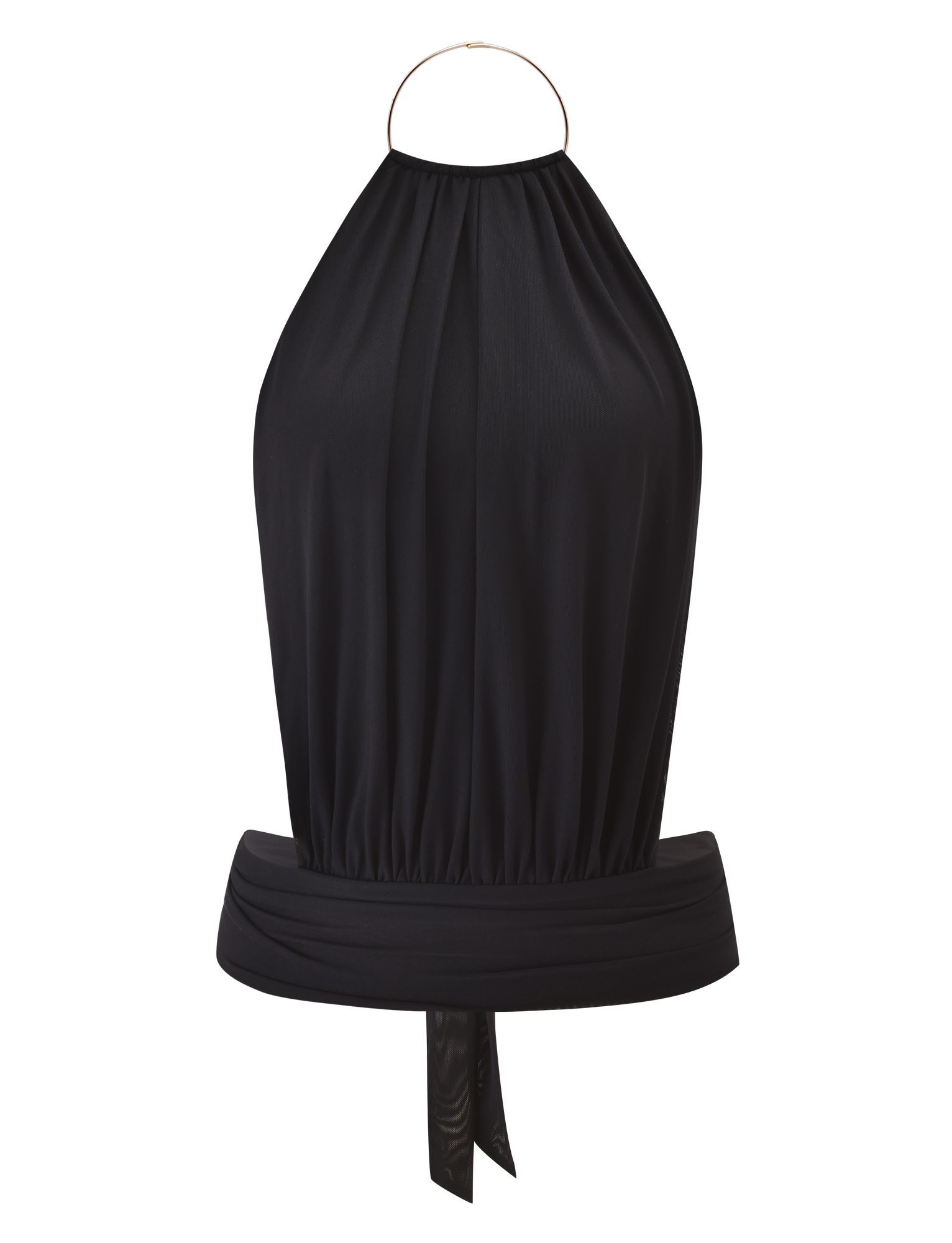 The TIGERMIST EVANNA TOP - BLACK is a sleeveless halter top with a gathered bodice, metallic neck ring, wide fitted waistband, open back, and soft draped look—uniting chic style and effortless elegance.