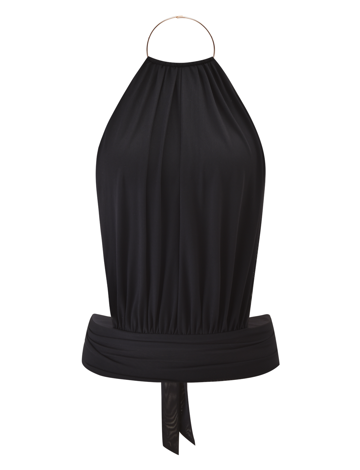 The TIGERMIST EVANNA TOP - BLACK is a sleeveless halter top with a gathered bodice, metallic neck ring, wide fitted waistband, open back, and soft draped look—uniting chic style and effortless elegance.