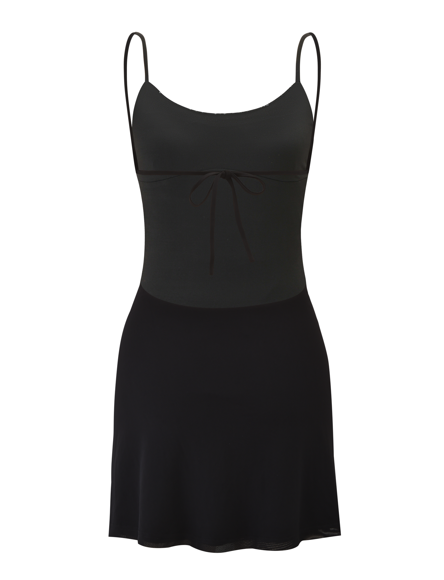 The ELYSIUM MINI DRESS - BLACK by TIGERMIST is a sleeveless mesh mini dress with thin straps, fitted bodice featuring a front bow tie, open back, and a slightly flared skirt. Shown against a plain background.