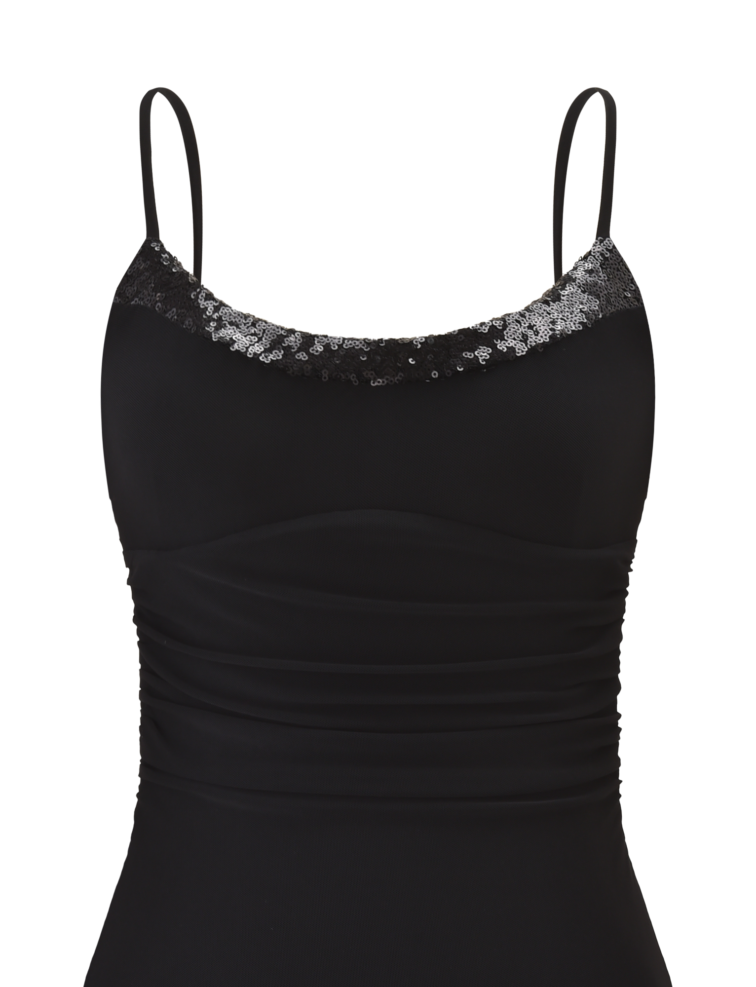 The ELYSIUM MINI DRESS by TIGERMIST is a black mesh mini dress featuring thin straps, ruched sides, and a scoop neckline adorned with black and silver sequins.