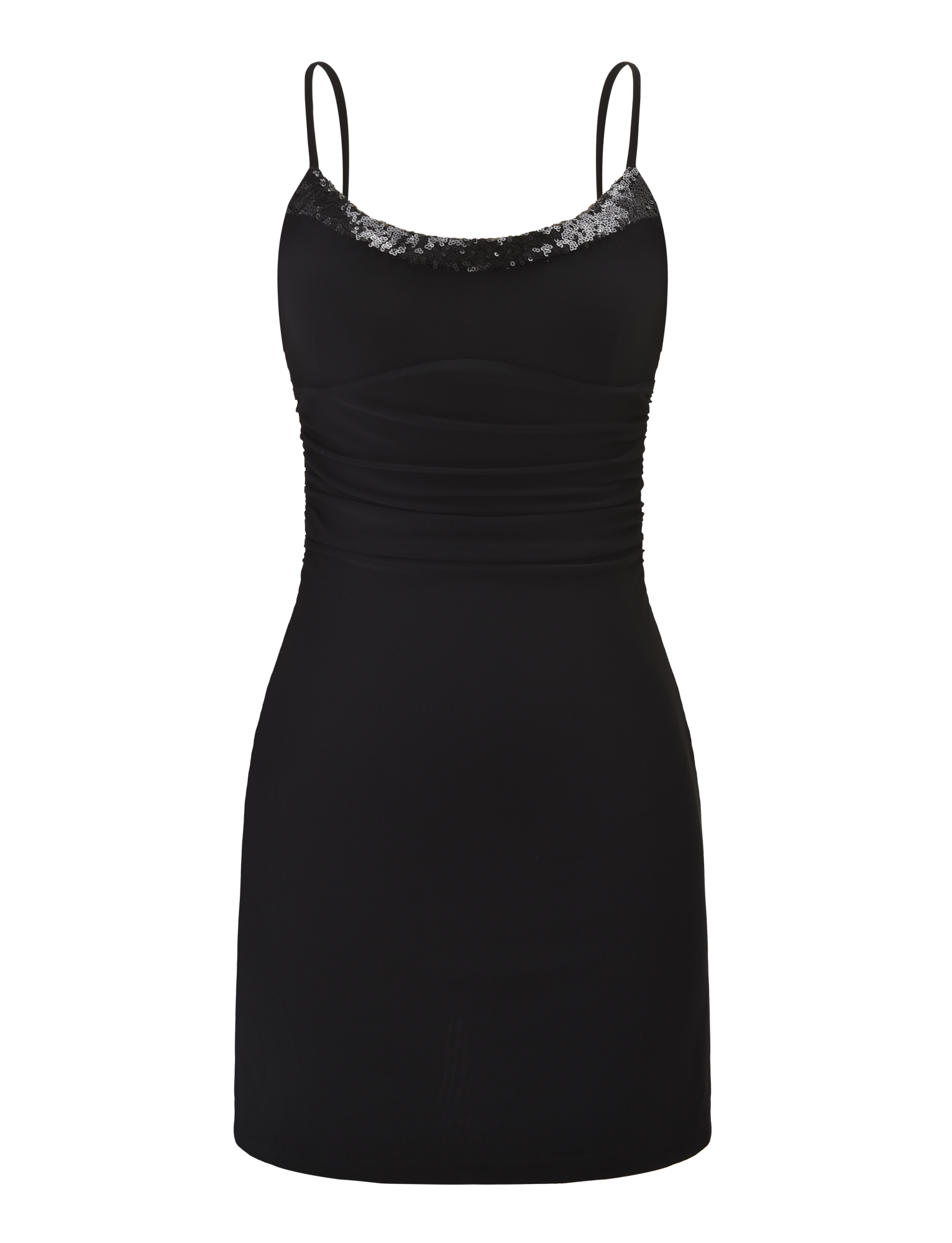 The TIGERMIST ELYSIUM MINI DRESS - BLACK features a sleeveless, fitted silhouette with thin straps, a curved neckline adorned with black sequins, and an alluring open back—perfect for evening wear.