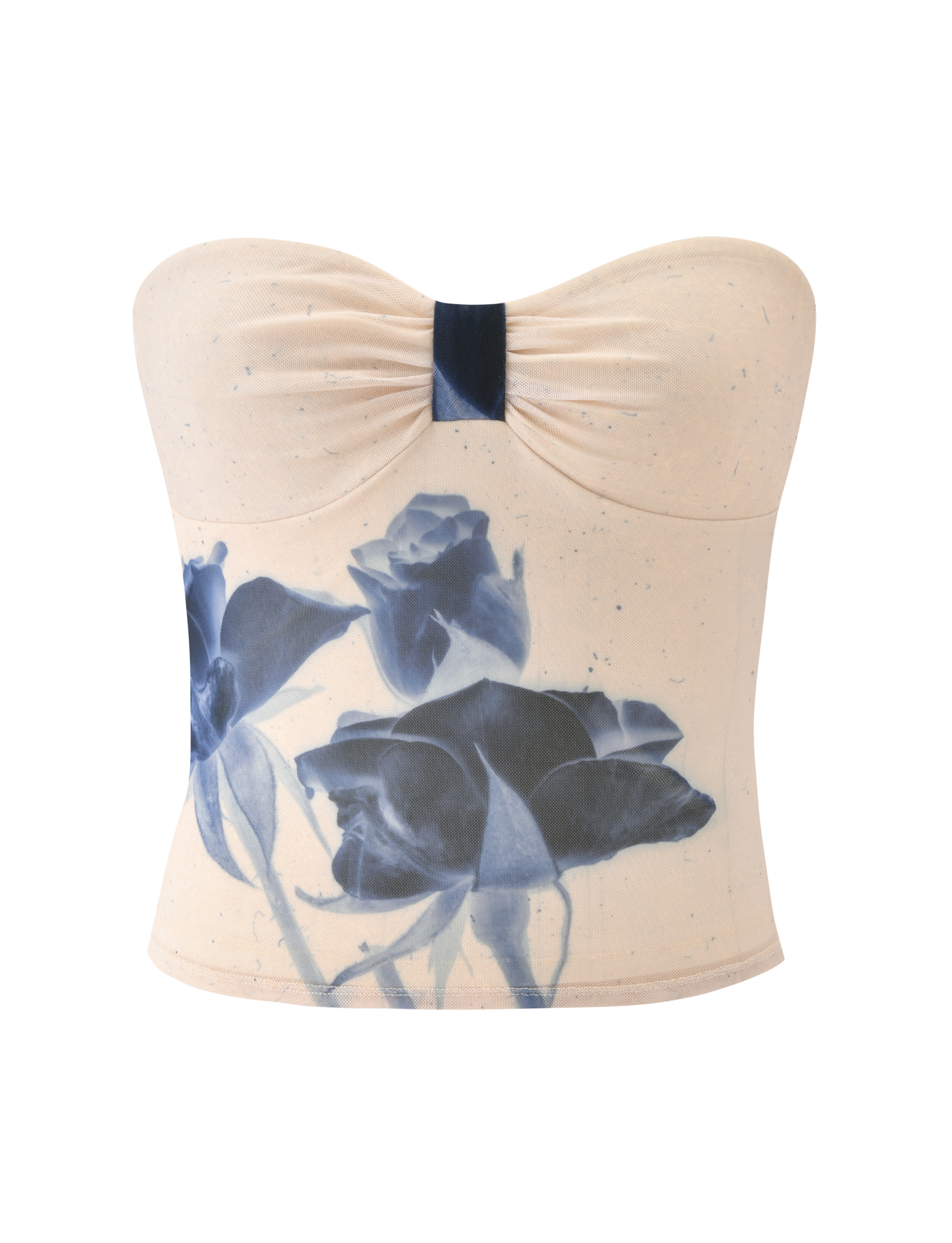The JANIS TOP - INDIGO FLORAL by TIGERMIST is a cream strapless tube top with a ruched center and bold blue rose print, crafted from delicate floral mesh for texture.