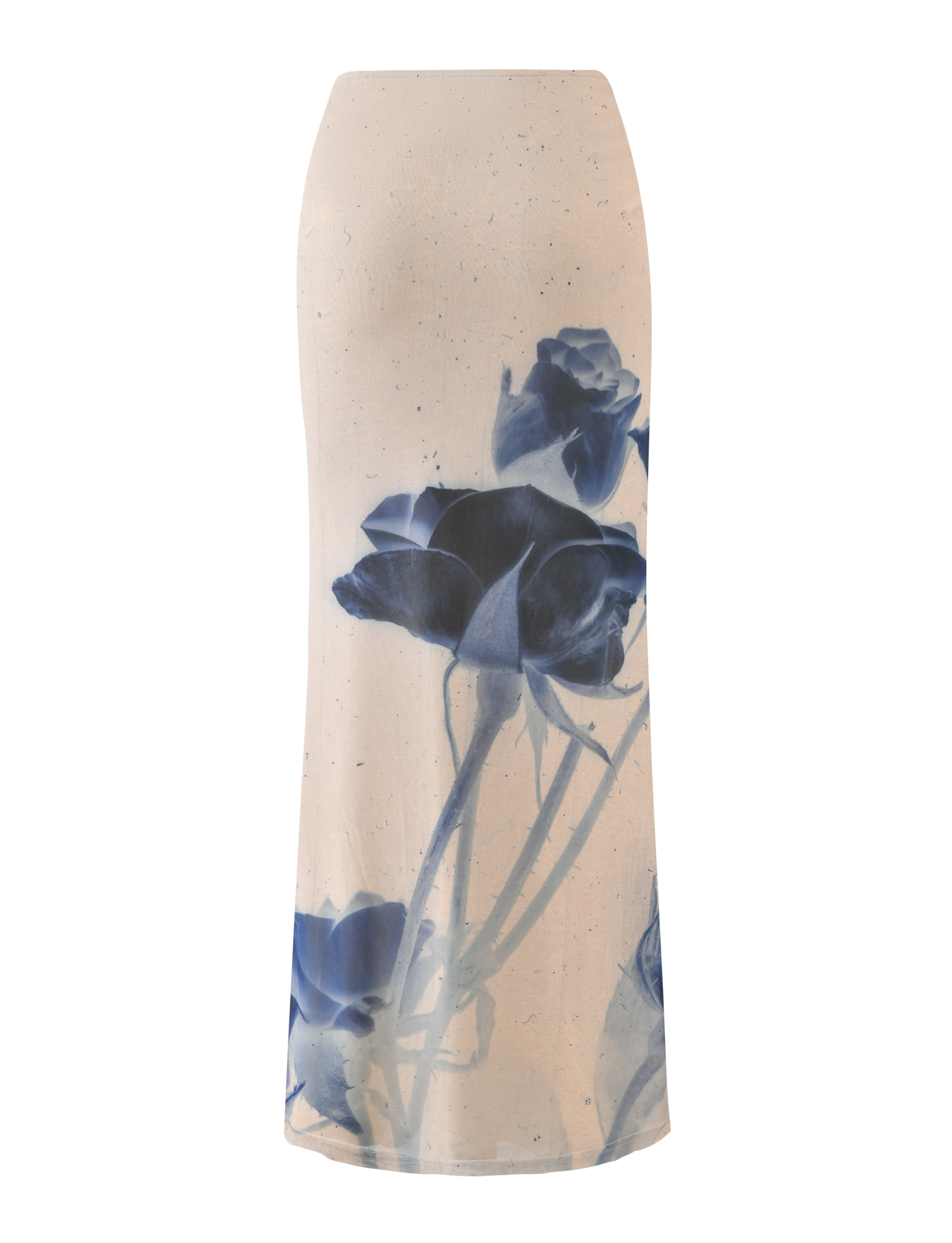 The JANIS MAXI SKIRT by TIGERMIST features a bold indigo floral print with large blue roses, stems, and leaves on white fabric.