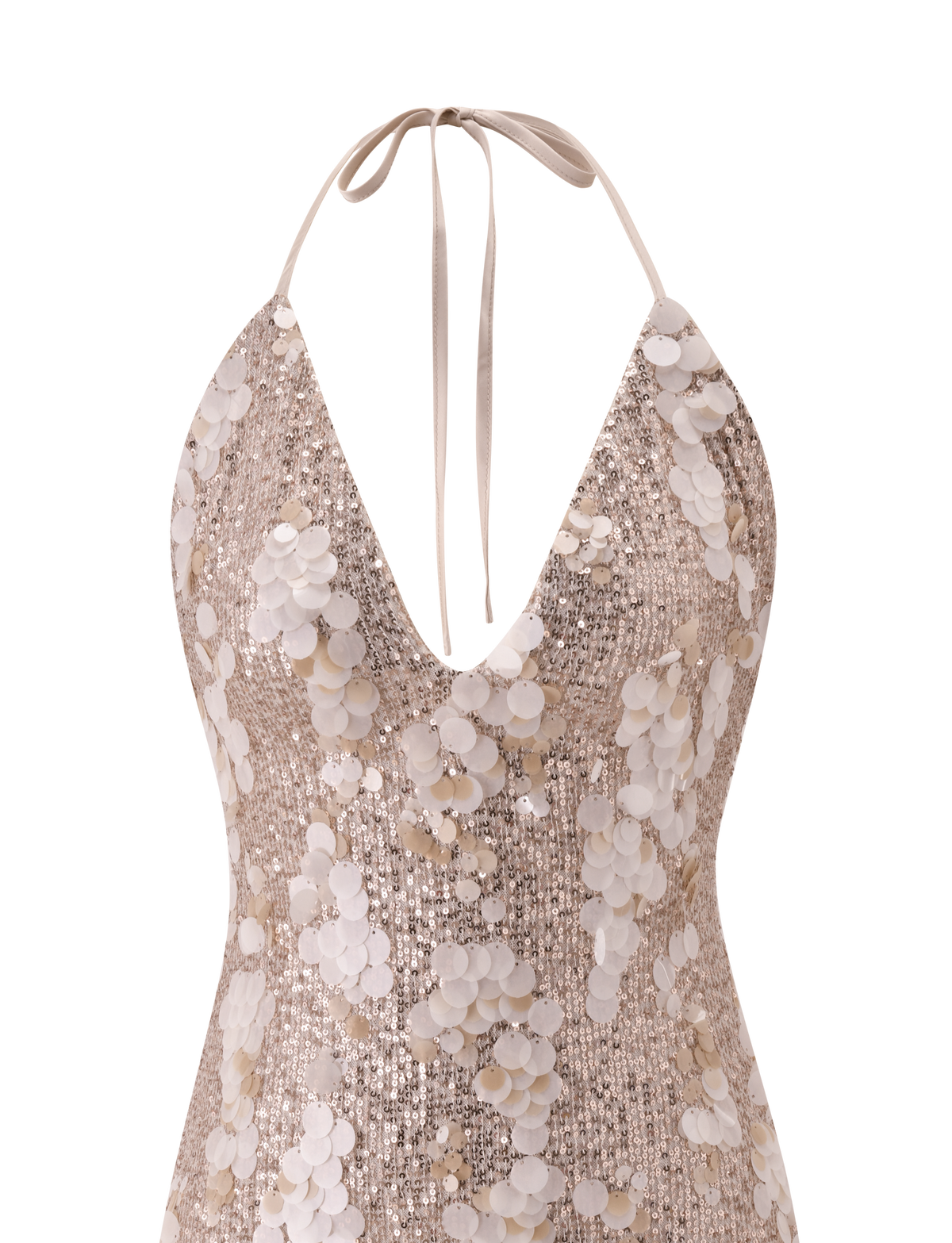 A close-up of the TIGERMIST ZANA MINI DRESS in gold, a sleeveless halter neck mini with a V-neck tie, adorned with shiny gold sequins and 3D floral appliqués.