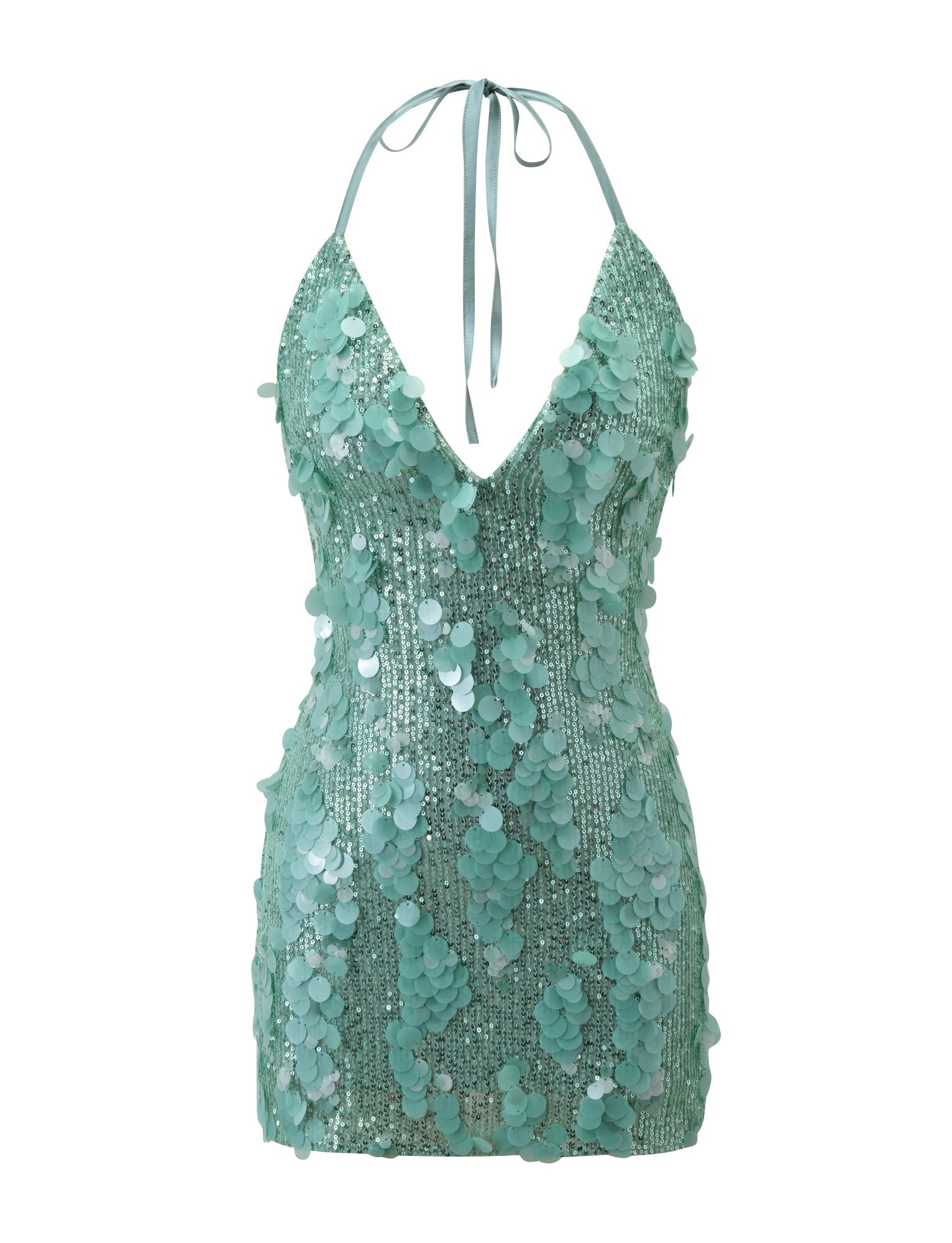 The ZANA MINI DRESS by TIGERMIST features a light teal hue, plunging neckline, halter tie straps, and layers of large iridescent sequins and beads for a textured, shimmering look.