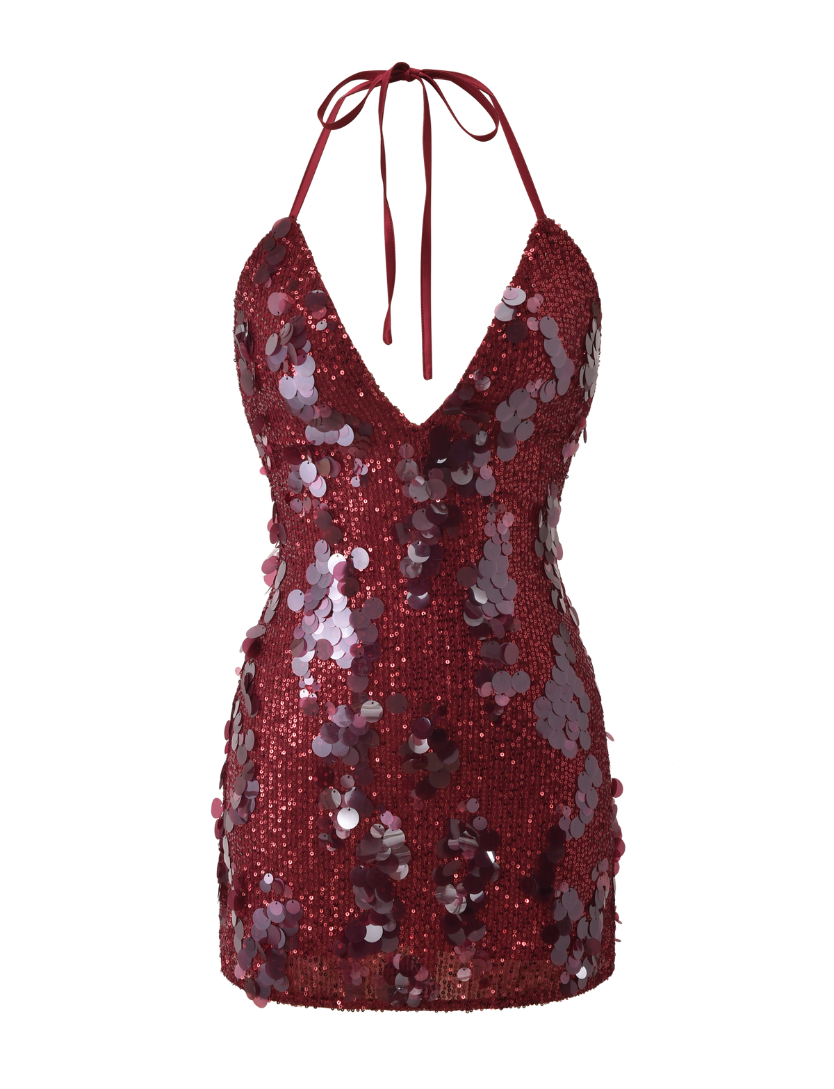 The ZANA MINI DRESS - RED by TIGERMIST features a halter neck, deep V neckline, open back, and is embellished with shiny sequins and paillettes for a glamorous, eye-catching look.