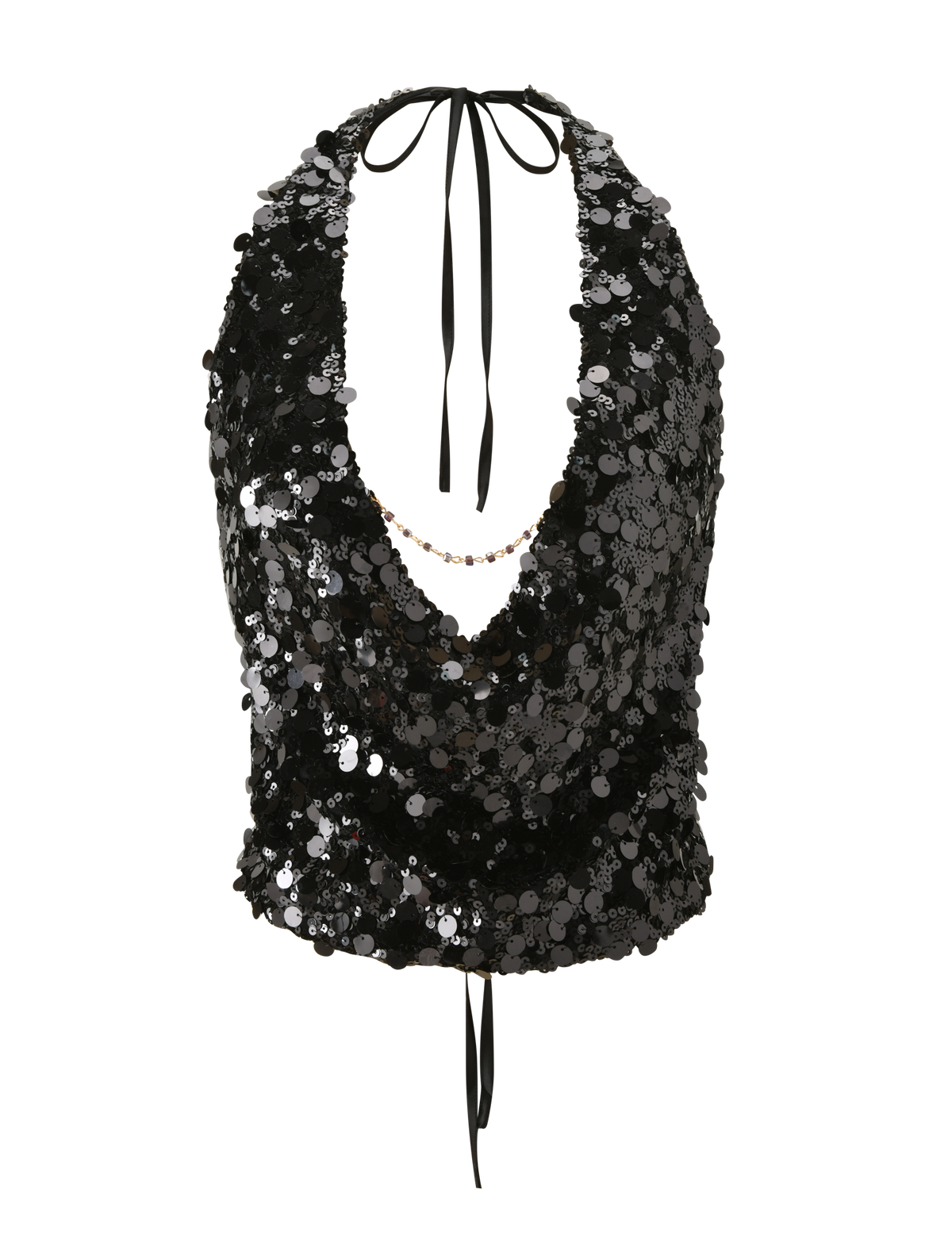 The ZANA TOP - BLACK SEQUIN by TIGERMIST is a sleeveless halter with a deep cowl neck, tie details at the neck and back, and shimmering silver sequins throughout.