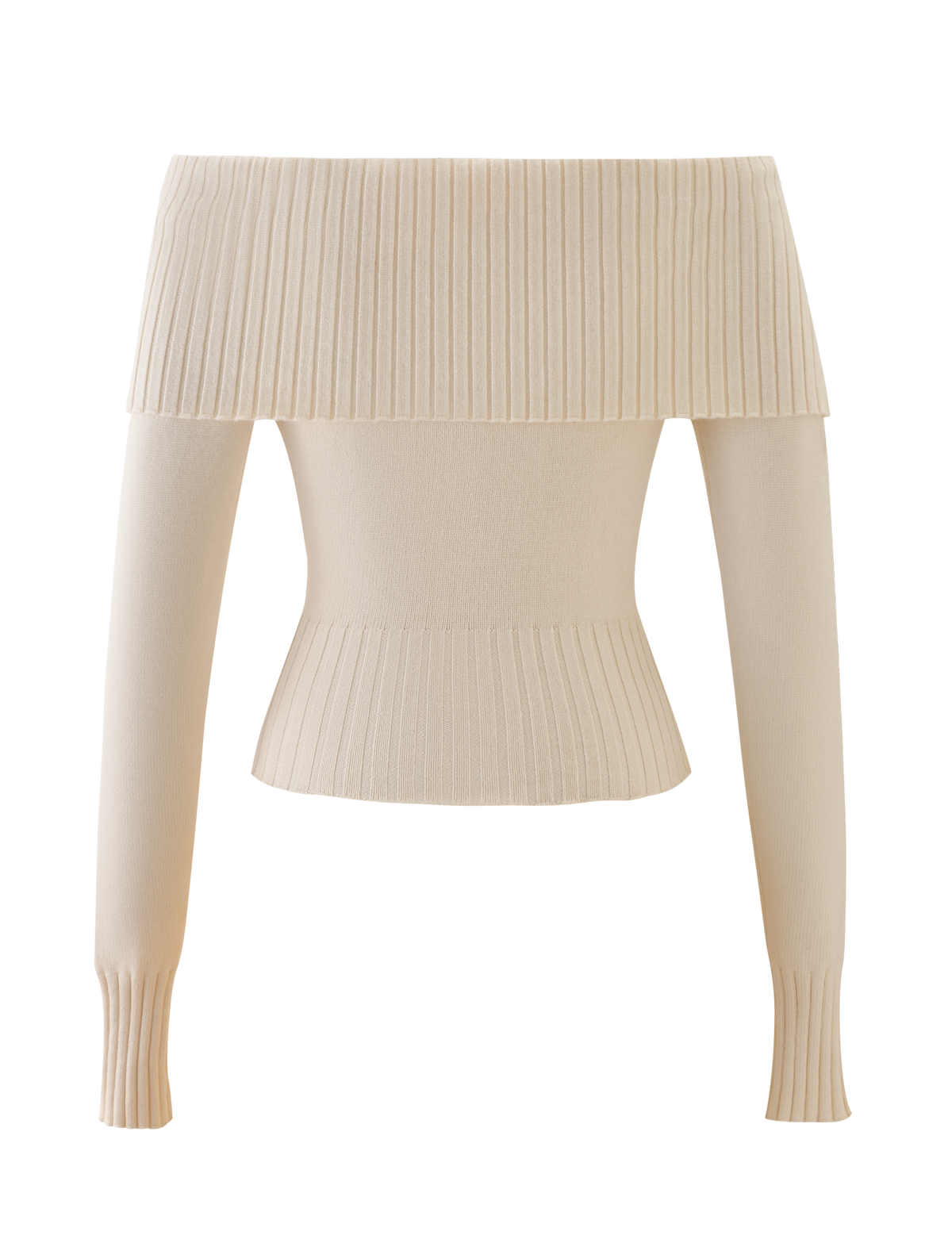 The TIGERMIST KIERA JUMPER in cream features an off-shoulder design with long sleeves and a wide, ribbed fold-over neckline and hem, shown against a plain white background.