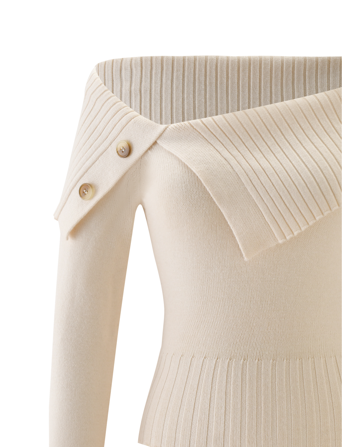 The KIERA JUMPER by TIGERMIST is a cream-colored, off-shoulder knit sweater with a wide folded collar, two decorative side buttons, and detailed ribbing on the collar, cuffs, and hem. The soft ribbed knit fabric adds texture and style.