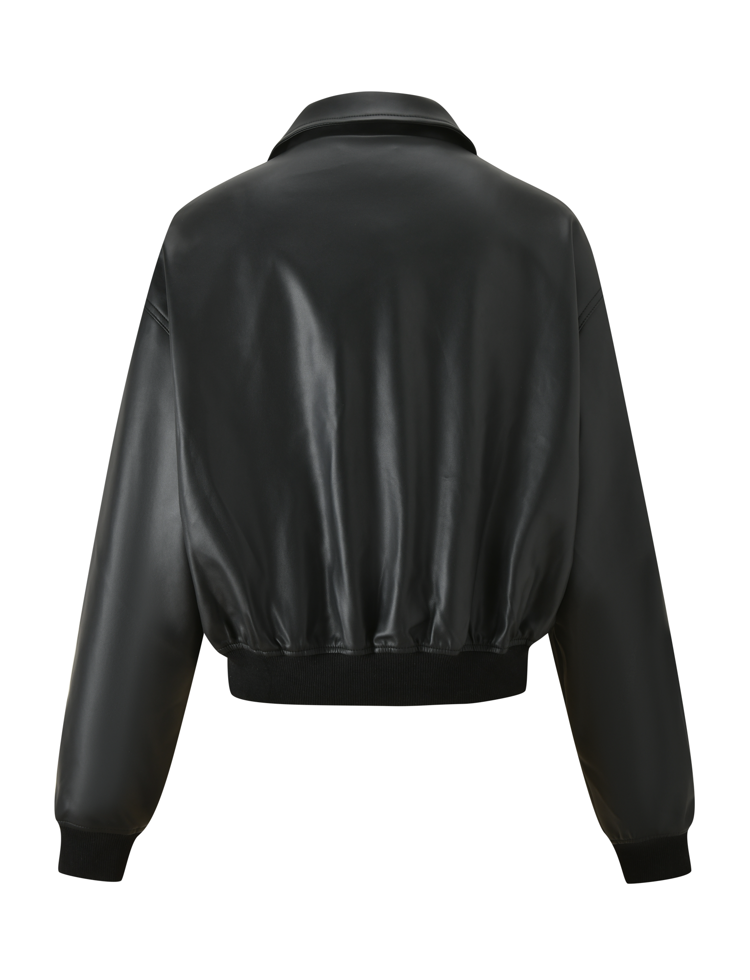 The BEREN JACKET - BLACK by TIGERMIST is a black faux leather bomber jacket with a collared neck, ribbed waistband and cuffs, loose sleeves, and a classic silhouette shown from the back.