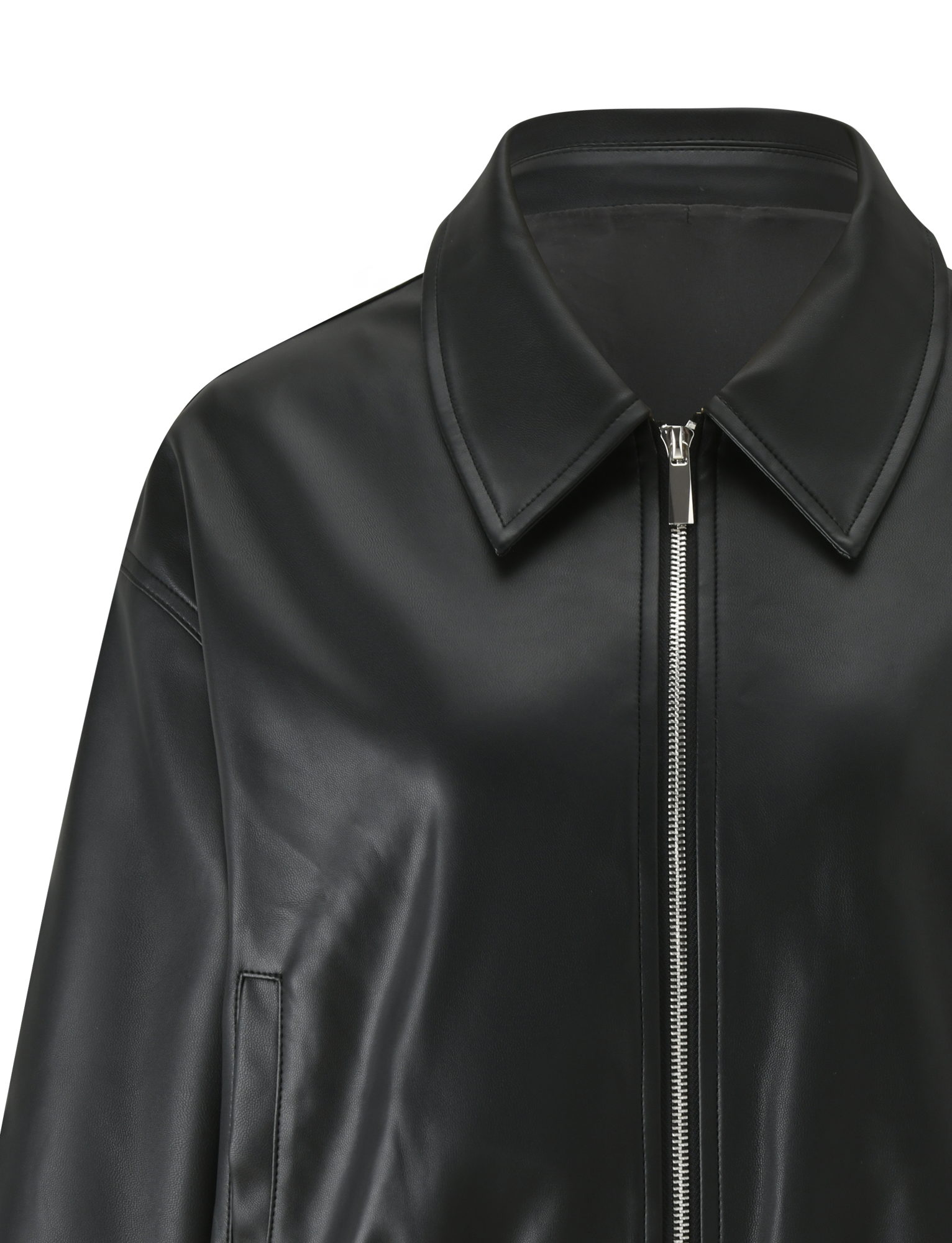 Close-up of the TIGERMIST BEREN JACKET - BLACK, a faux leather bomber with a shiny finish, collared neck, and silver front zipper. Only the upper half is shown against a plain background.