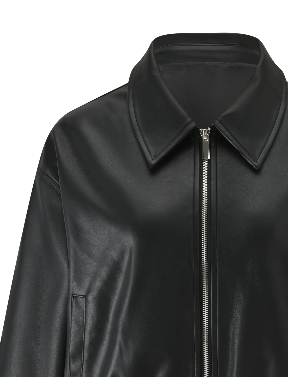 Close-up of the TIGERMIST BEREN JACKET - BLACK, a faux leather bomber with a shiny finish, collared neck, and silver front zipper. Only the upper half is shown against a plain background.