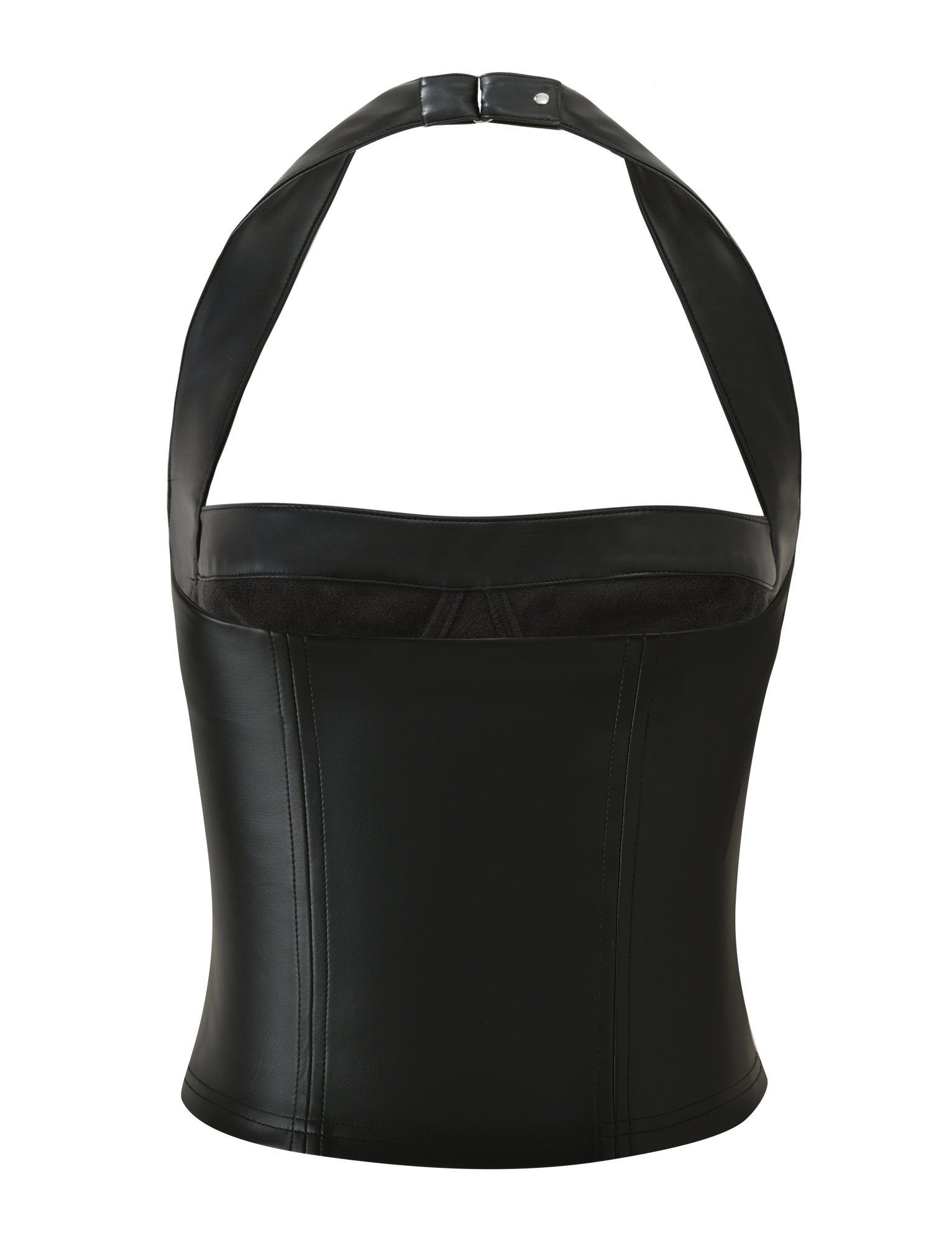 The EMERALD TOP - BLACK by TIGERMIST is a black stretch PU halter top with a structured, corset-inspired fit and seamless vertical stitching, made from faux leather and shown against a white background.
