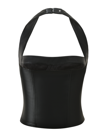 The EMERALD TOP - BLACK by TIGERMIST is a black stretch PU halter top with a structured, corset-inspired fit and seamless vertical stitching, made from faux leather and shown against a white background.