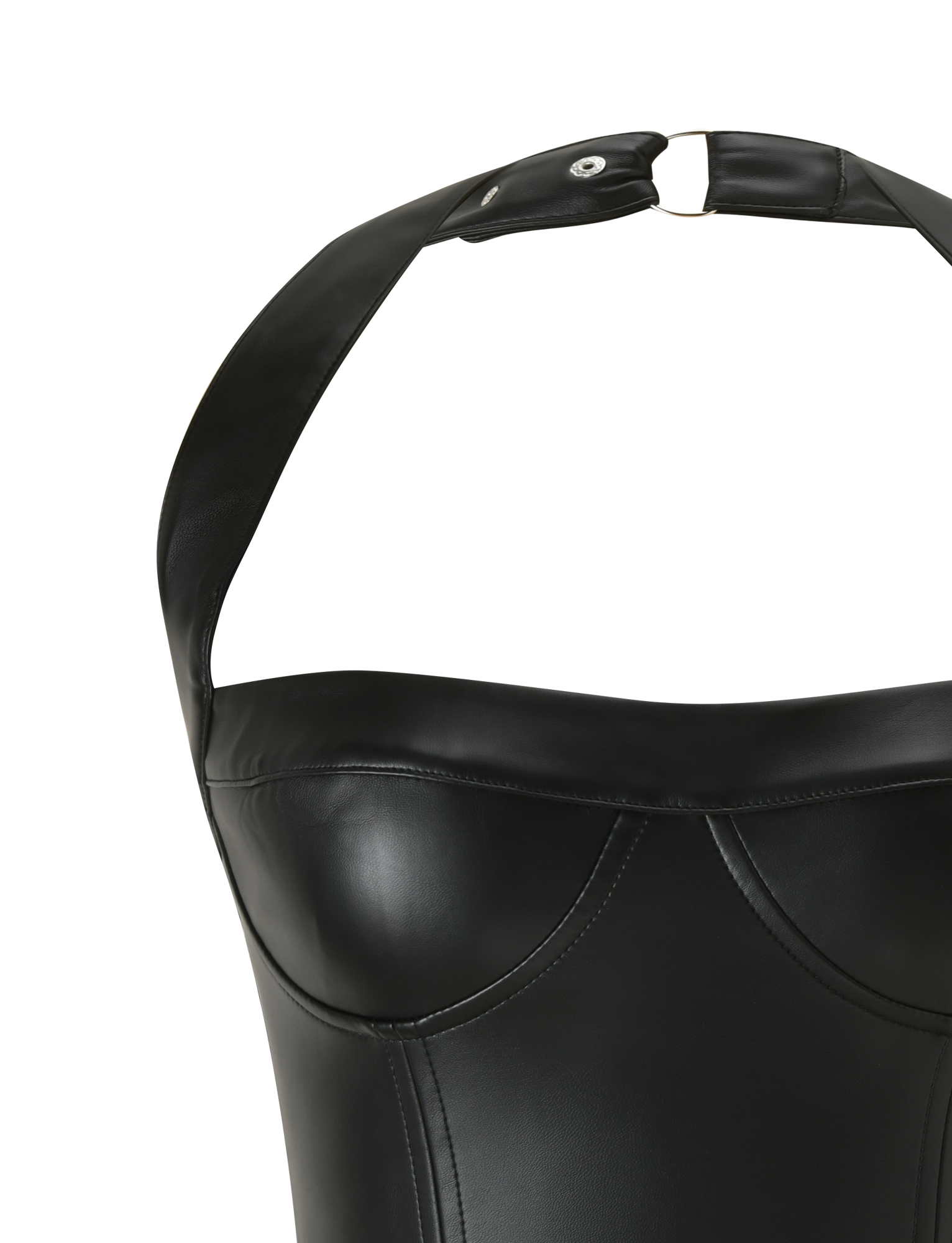 Close-up of the TIGERMIST EMERALD TOP - BLACK, a faux leather corset halter with a neck strap featuring a metallic ring and snap button, structured stitching, and a shiny finish.