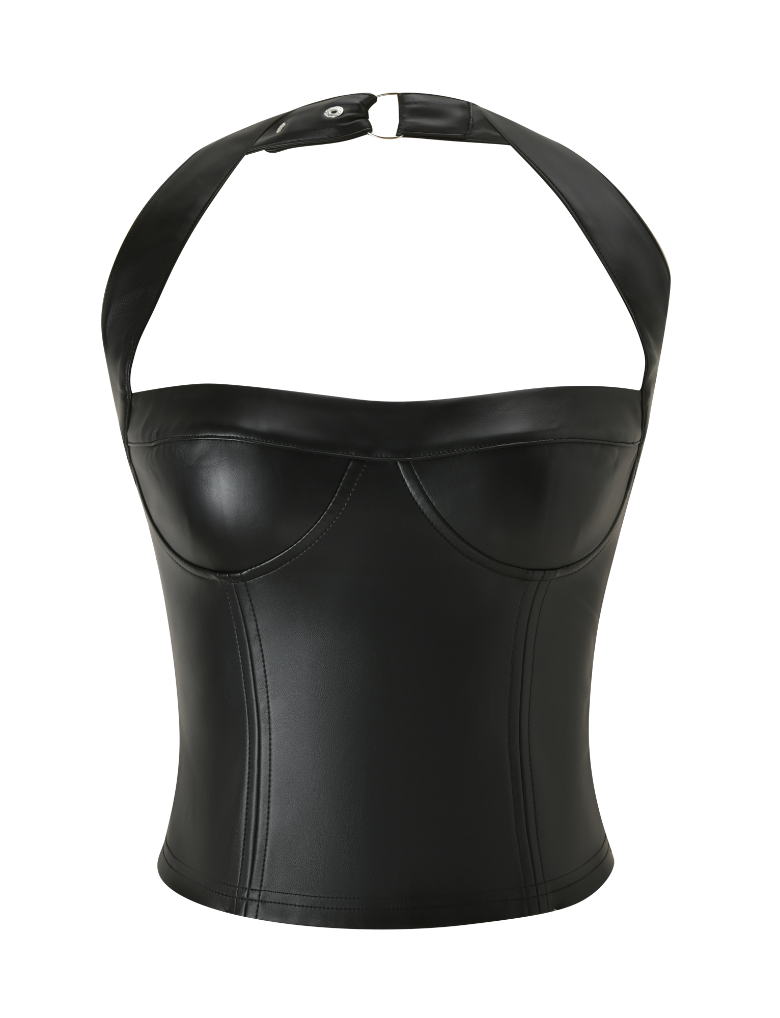 The EMERALD TOP - BLACK by TIGERMIST is a black faux leather halter corset with structured seams, a sweetheart neckline, and a wide strap with snap neck closures, made from stretch PU. Shown on a white background.