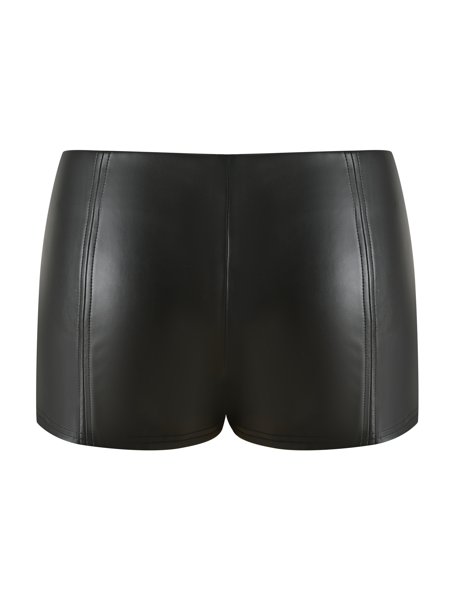 The EMERALD SHORT - BLACK by TIGERMIST features a high-waisted fit, vertical seam detailing, and is crafted from stretch PU for comfort. These mid-rise faux leather mini shorts are shown against a plain white background.