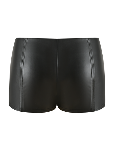 The EMERALD SHORT - BLACK by TIGERMIST features a high-waisted fit, vertical seam detailing, and is crafted from stretch PU for comfort. These mid-rise faux leather mini shorts are shown against a plain white background.