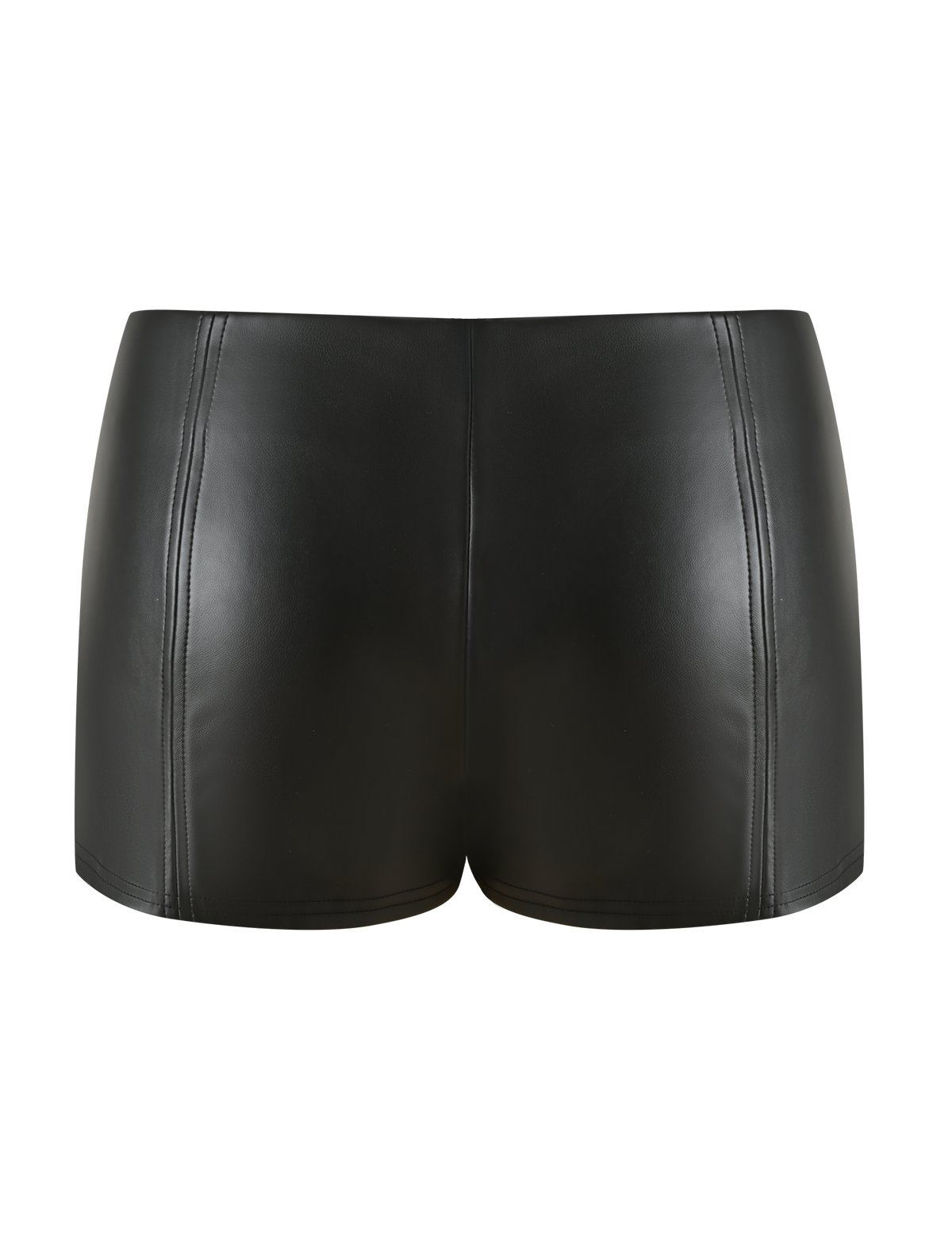 The EMERALD SHORT - BLACK by TIGERMIST features a high-waisted fit, vertical seam detailing, and is crafted from stretch PU for comfort. These mid-rise faux leather mini shorts are shown against a plain white background.