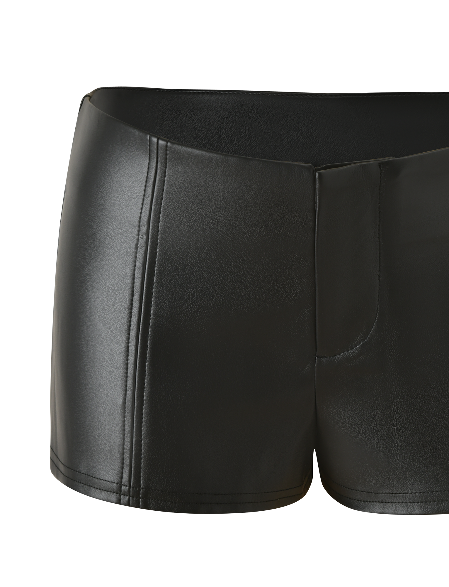 The EMERALD SHORT - BLACK by TIGERMIST features black faux leather in a mid-rise, mini fit with a smooth texture, visible seam details, and a sleek, fitted design. Photographed against a plain white background.