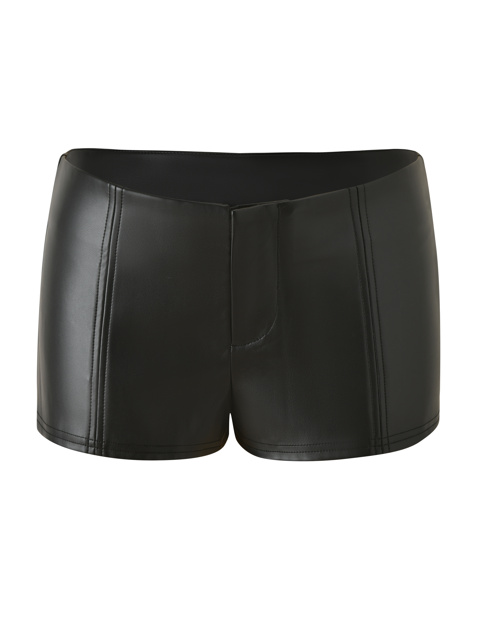 The EMERALD SHORT - BLACK by TIGERMIST features black faux leather with vertical stitched detailing and a smooth, shiny finish, styled like boxer briefs. Displayed against a plain white background.