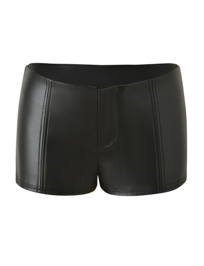 The EMERALD SHORT - BLACK by TIGERMIST features black faux leather with vertical stitched detailing and a smooth, shiny finish, styled like boxer briefs. Displayed against a plain white background.