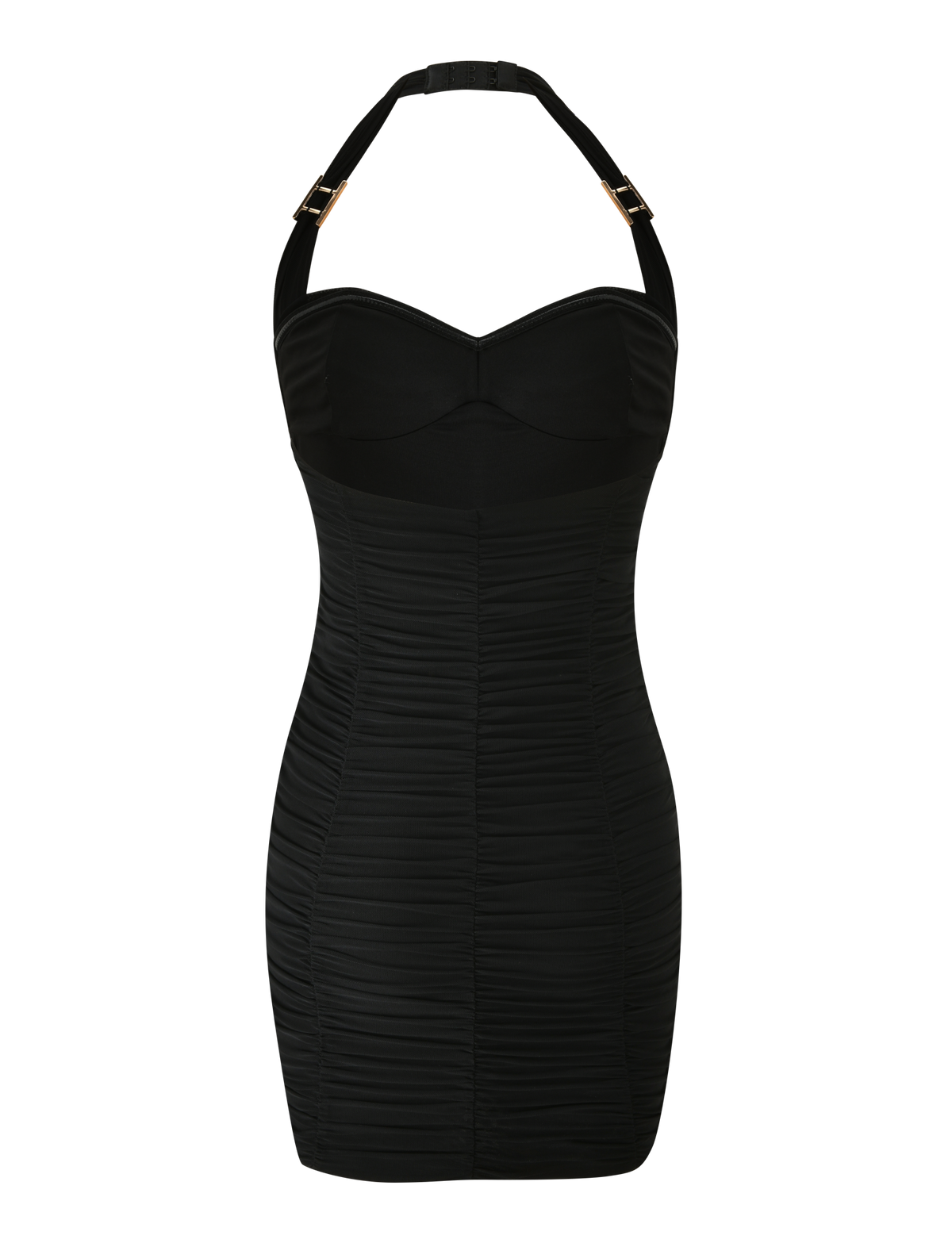 The TIGERMIST BRIALLEN MINI DRESS in black features a fitted, sculpting silhouette with a sweetheart neckline, adjustable halter neck, side and front ruching, and gold buckle strap details, shown on a plain white background.