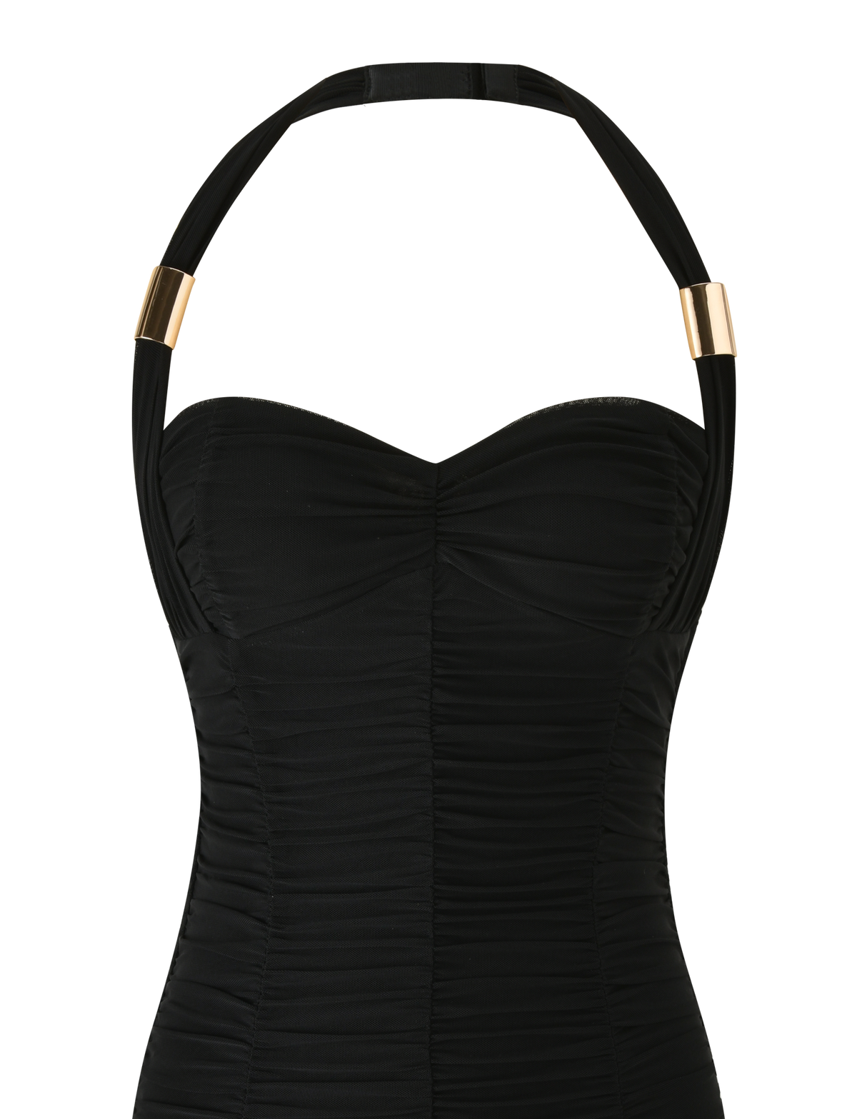 The BRIALLEN MINI DRESS by TIGERMIST is a black, strapless sculpting mini dress with a ruched sweetheart neckline, an adjustable halter neck, and gold metallic accents.