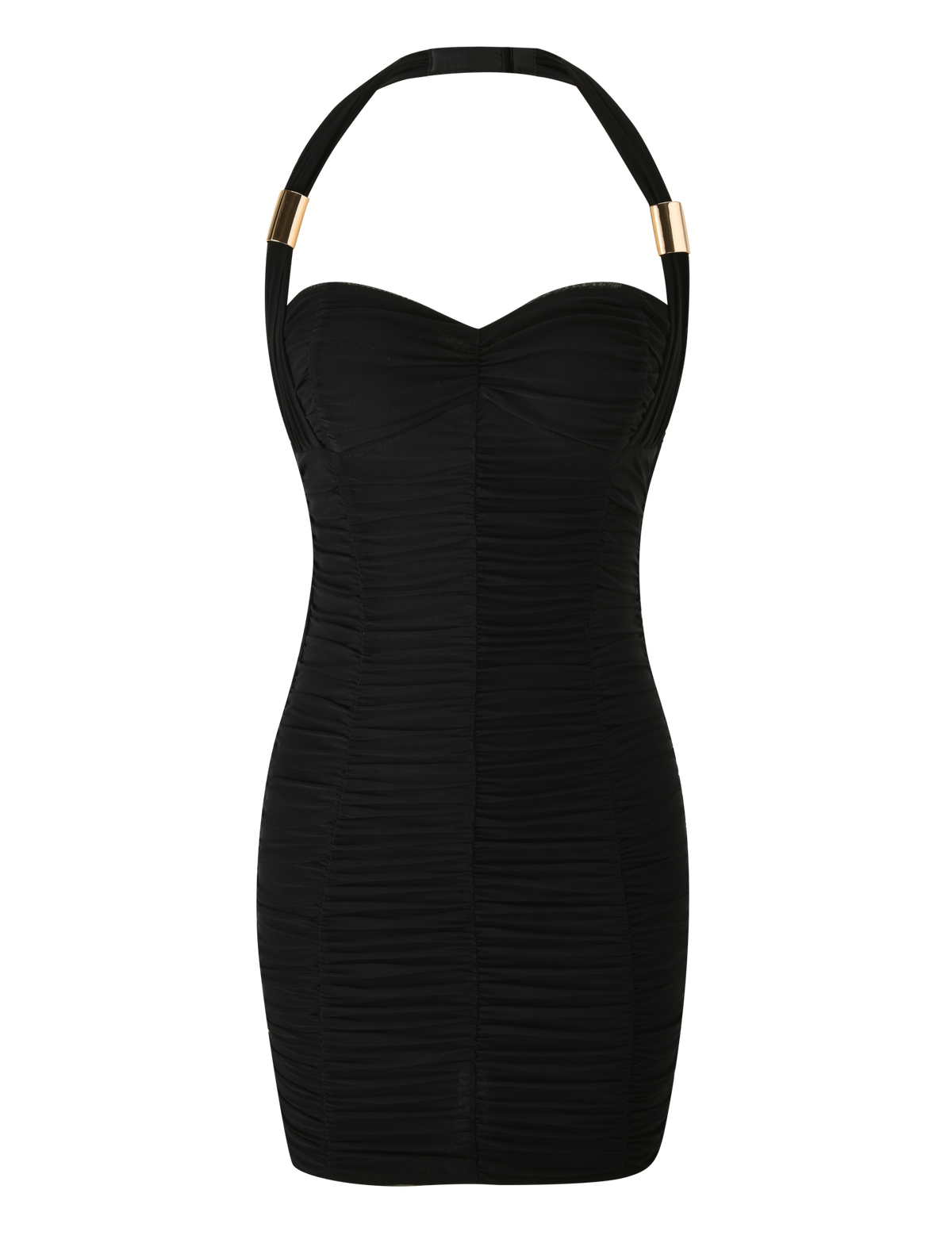 The TIGERMIST BRIALLEN MINI DRESS in black is a strapless, ruched, sculpting mini dress with a sweetheart neckline, an adjustable halter neck with two gold accents on each side, shown on a white background.
