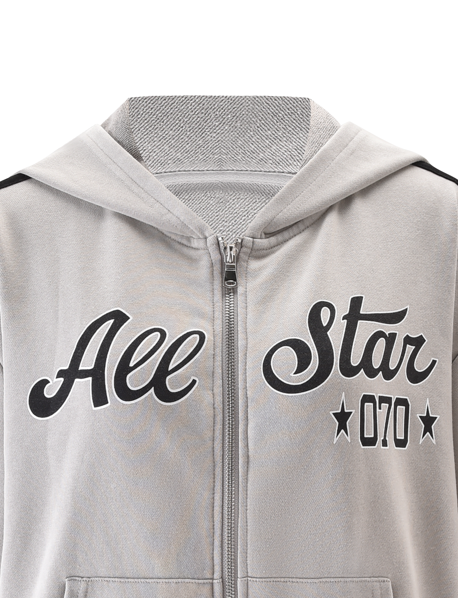 The PAYTON HOODIE - STONE by TIGERMIST is a lightweight terry zip-up in light gray, featuring "All Star" and "070" in black with star graphics on the chest for a vintage-inspired style.