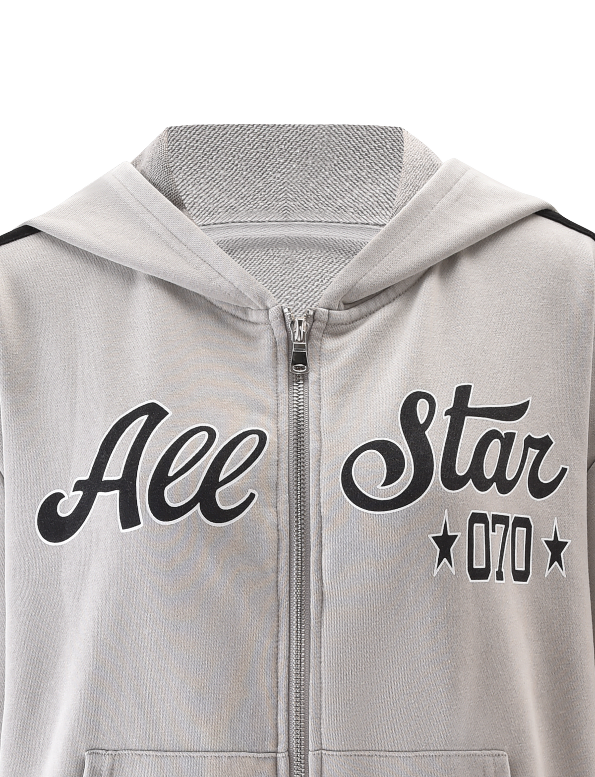 The PAYTON HOODIE - STONE by TIGERMIST is a lightweight terry zip-up in light gray, featuring "All Star" and "070" in black with star graphics on the chest for a vintage-inspired style.
