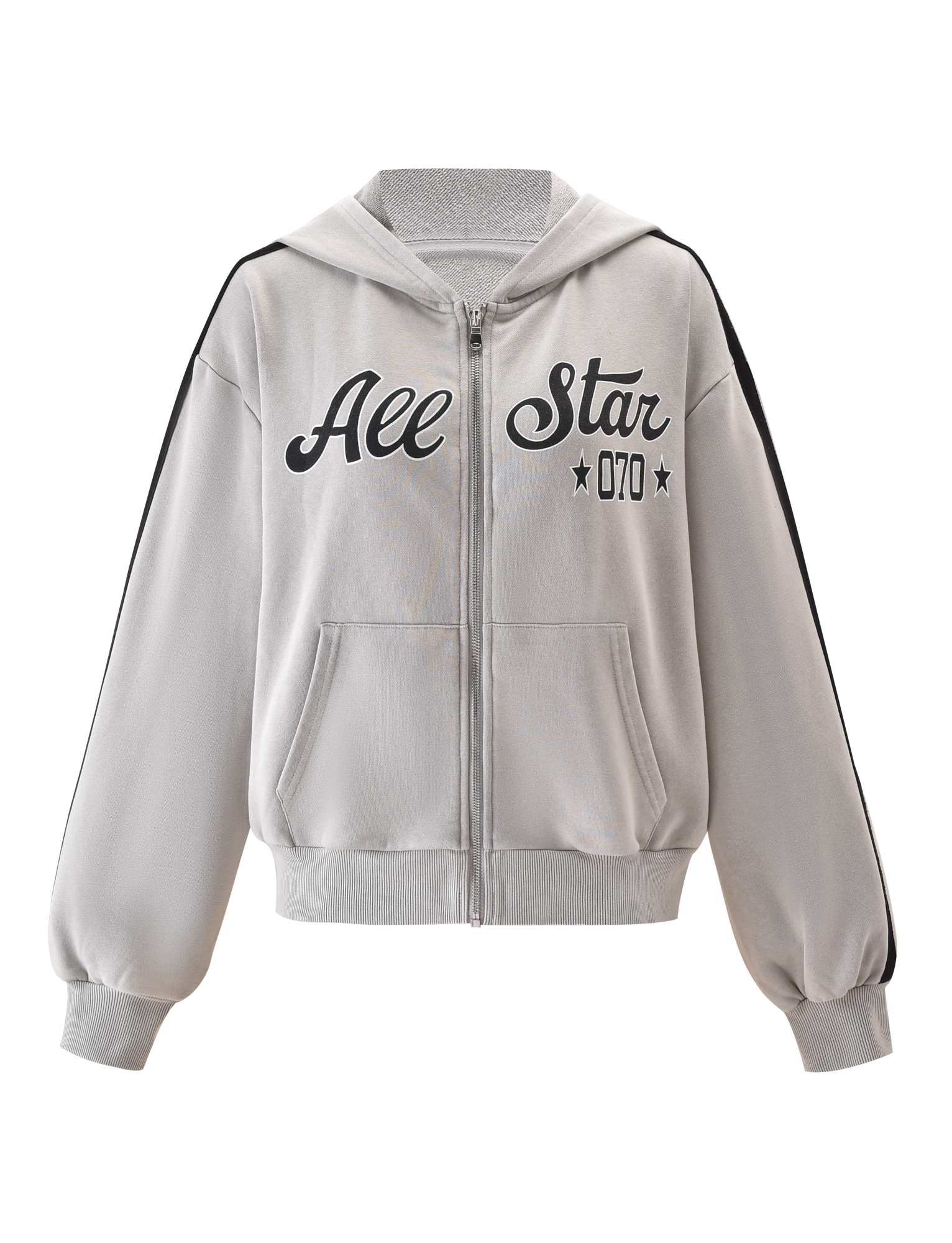 The PAYTON HOODIE - STONE by TIGERMIST is a lightweight terry, vintage-inspired zip-up hoodie in light gray with black "All Star 070" text, star graphics, front pockets, a hood, and bold black sleeve stripes.