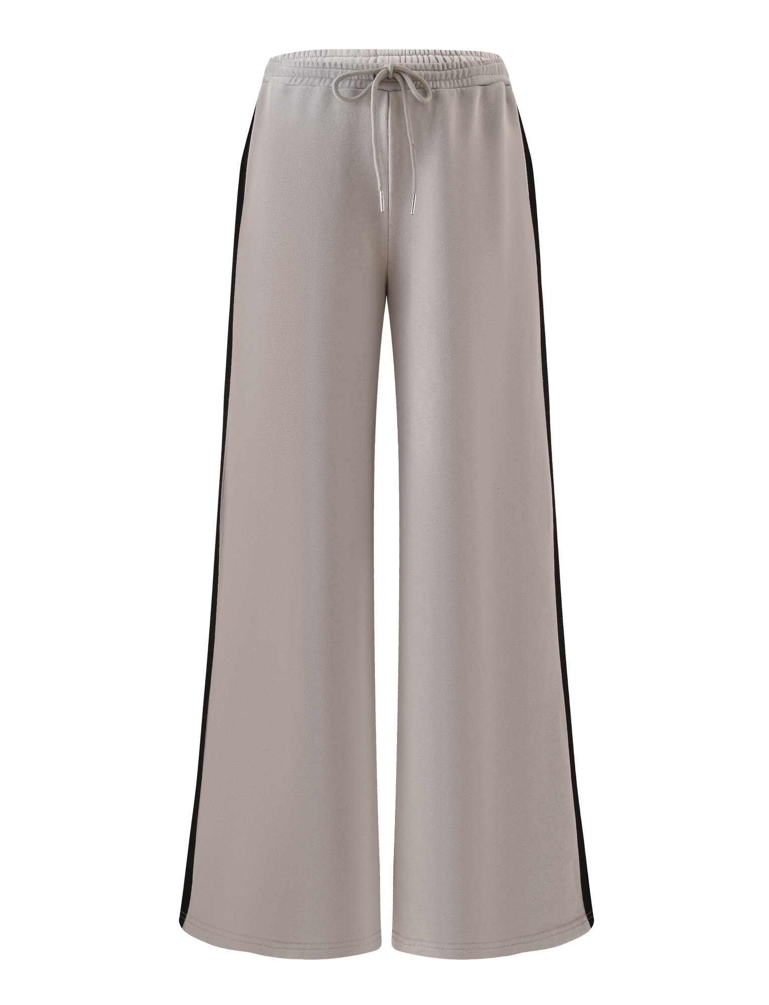 The PAYTON TRACKPANT - STONE by TIGERMIST features a wide-leg fit, light gray cotton fabric, an elastic drawstring waistband, and black side stripes, shown against a plain white background.