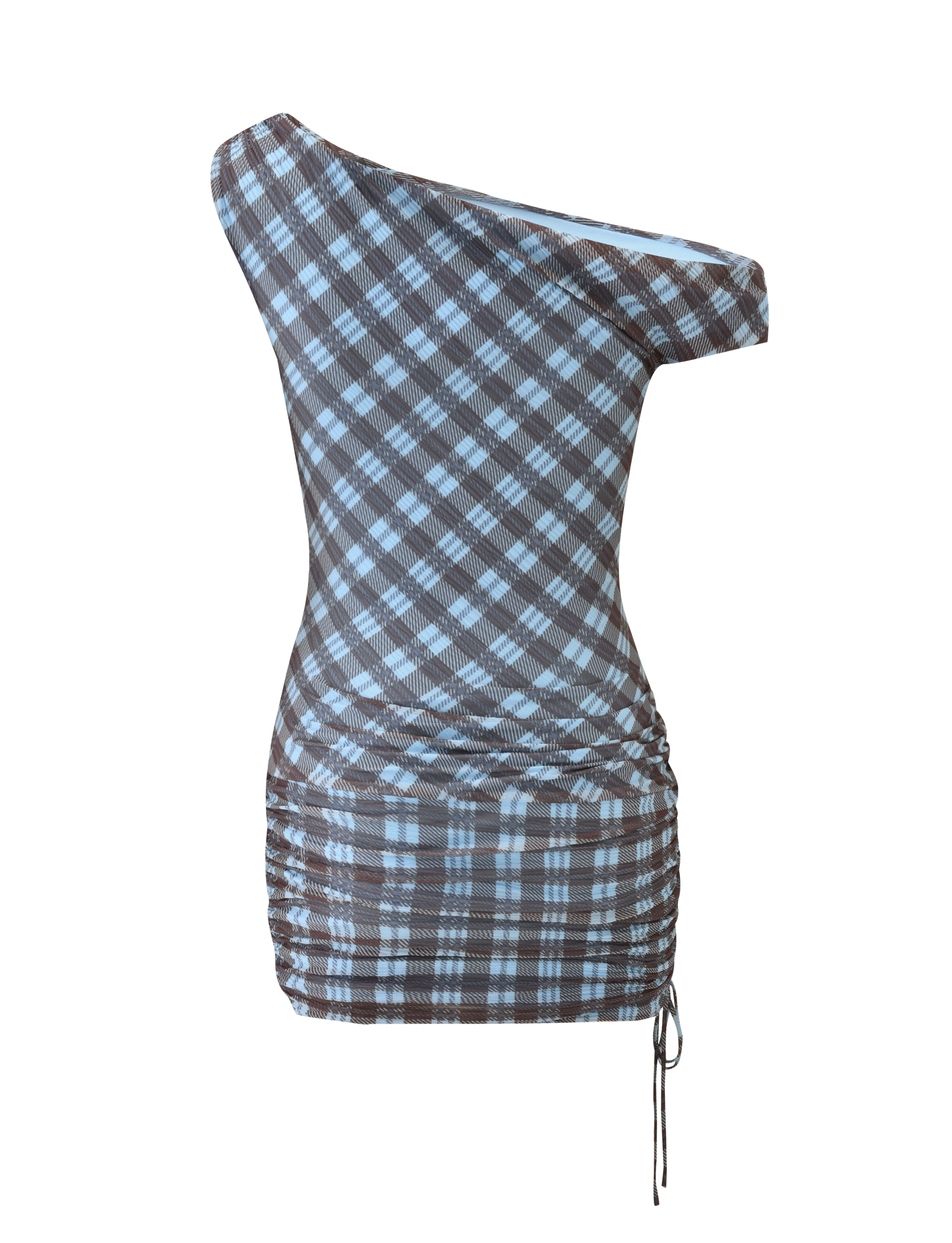 The TIGERMIST WINSLOW MINI DRESS - BLUE CHECK is a fitted, one-shoulder mini dress with a blue and brown plaid pattern, asymmetrical neckline, side ruching, ruched waist, and an adjustable left-side drawstring.