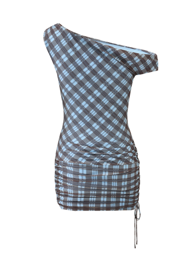 The TIGERMIST WINSLOW MINI DRESS - BLUE CHECK is a fitted, one-shoulder mini dress with a blue and brown plaid pattern, asymmetrical neckline, side ruching, ruched waist, and an adjustable left-side drawstring.