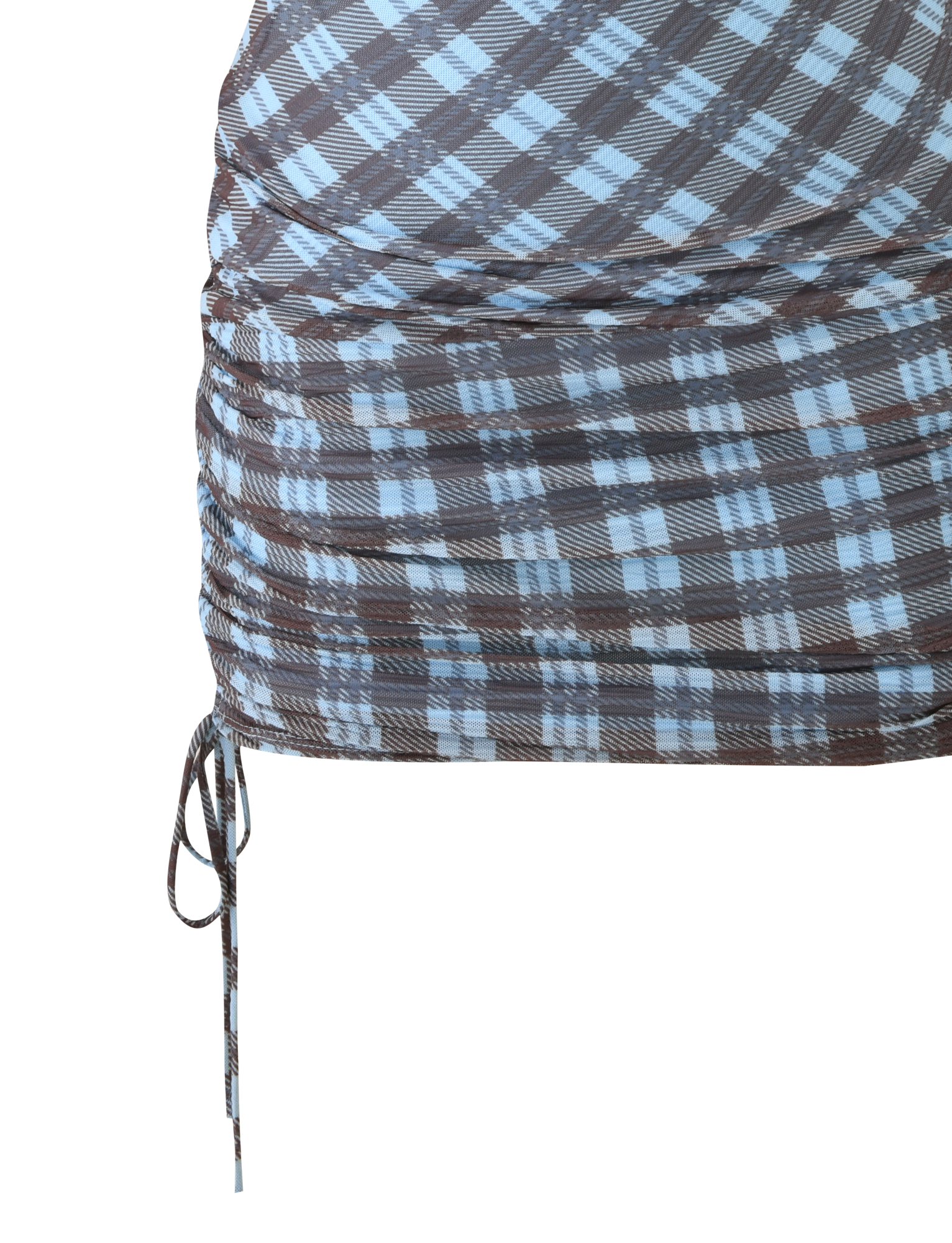 A close-up of the TIGERMIST WINSLOW MINI DRESS in blue check, featuring a ruched waist and side drawstring, displayed against a white background.