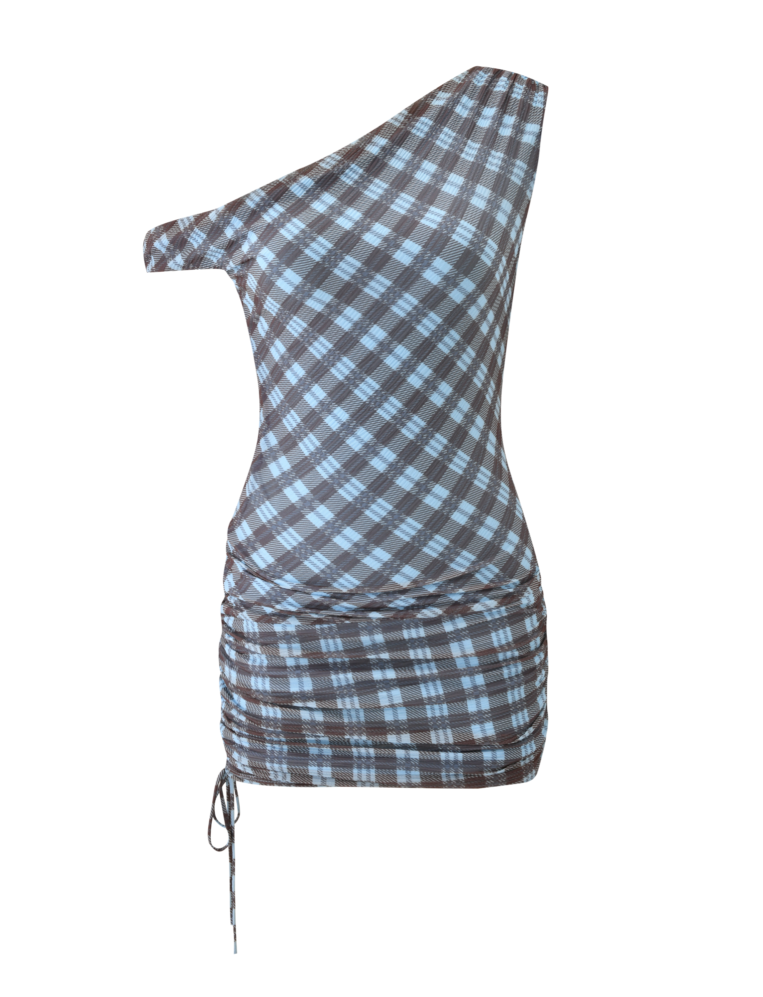 The TIGERMIST WINSLOW MINI DRESS - BLUE CHECK is a sleeveless, off-shoulder plaid mini dress with an asymmetrical neckline, blue and brown checks, ruched sides, and a drawstring hem.