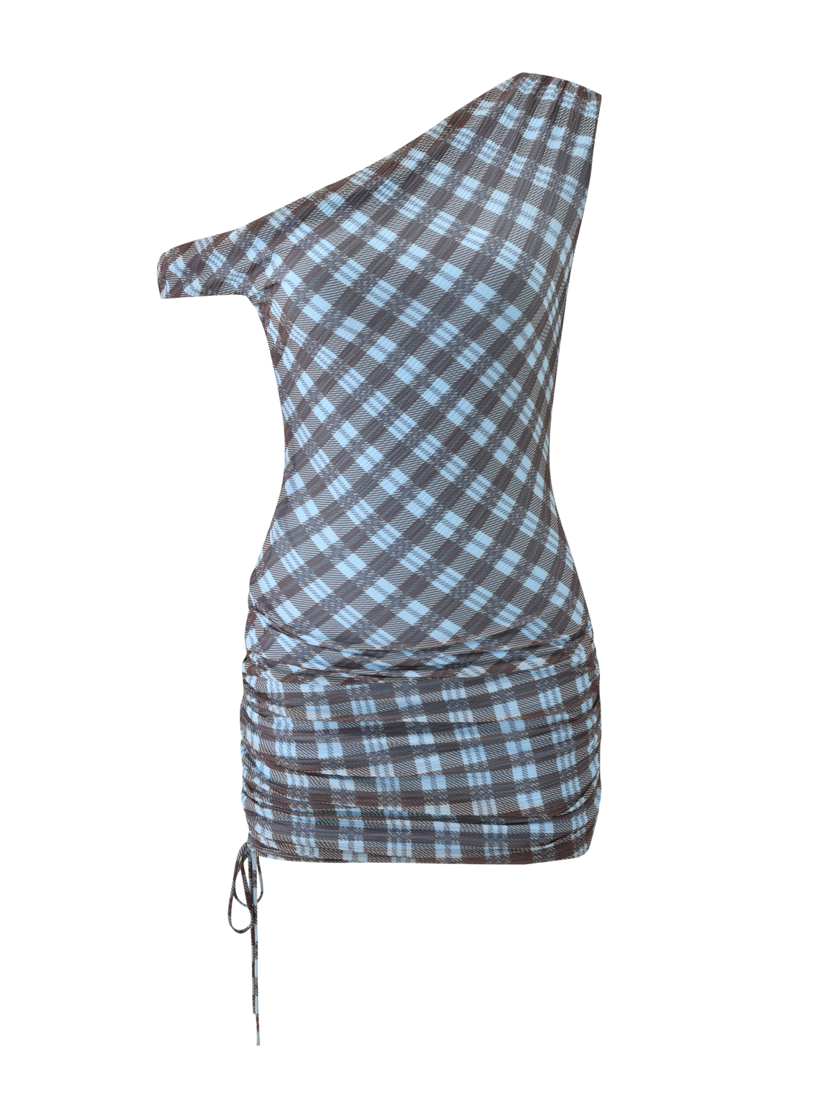 The TIGERMIST WINSLOW MINI DRESS - BLUE CHECK is a sleeveless, off-shoulder plaid mini dress with an asymmetrical neckline, blue and brown checks, ruched sides, and a drawstring hem.