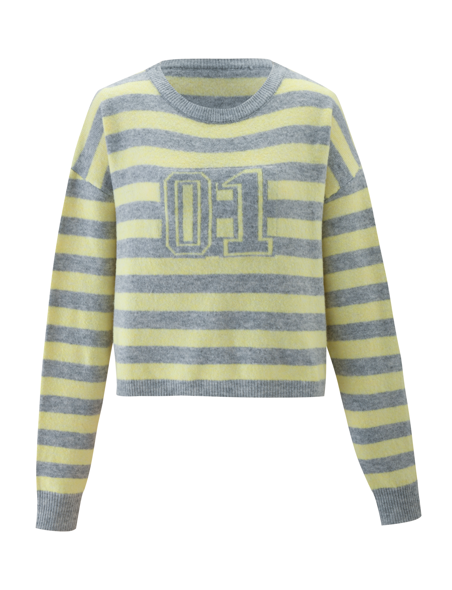 The KOA JUMPER by TIGERMIST is a knit sweater with an oversized fit, featuring yellow and gray stripes, a bold "01" print on the front, and solid gray trim on the collar, cuffs, and hem.