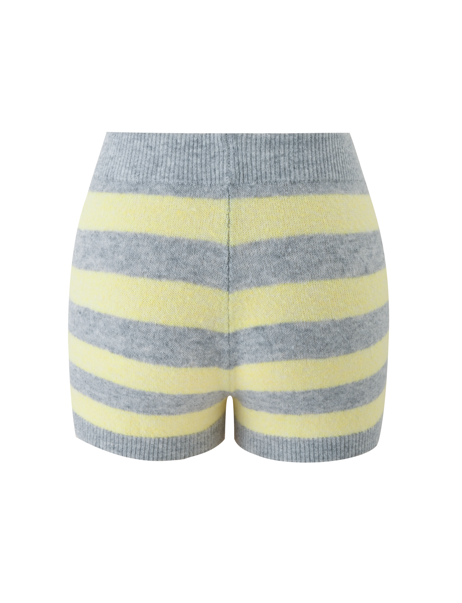 The KOA SHORT by TIGERMIST features fuzzy knit fabric and horizontal yellow and grey stripes in a mid-rise fit, shown on a plain white background.
