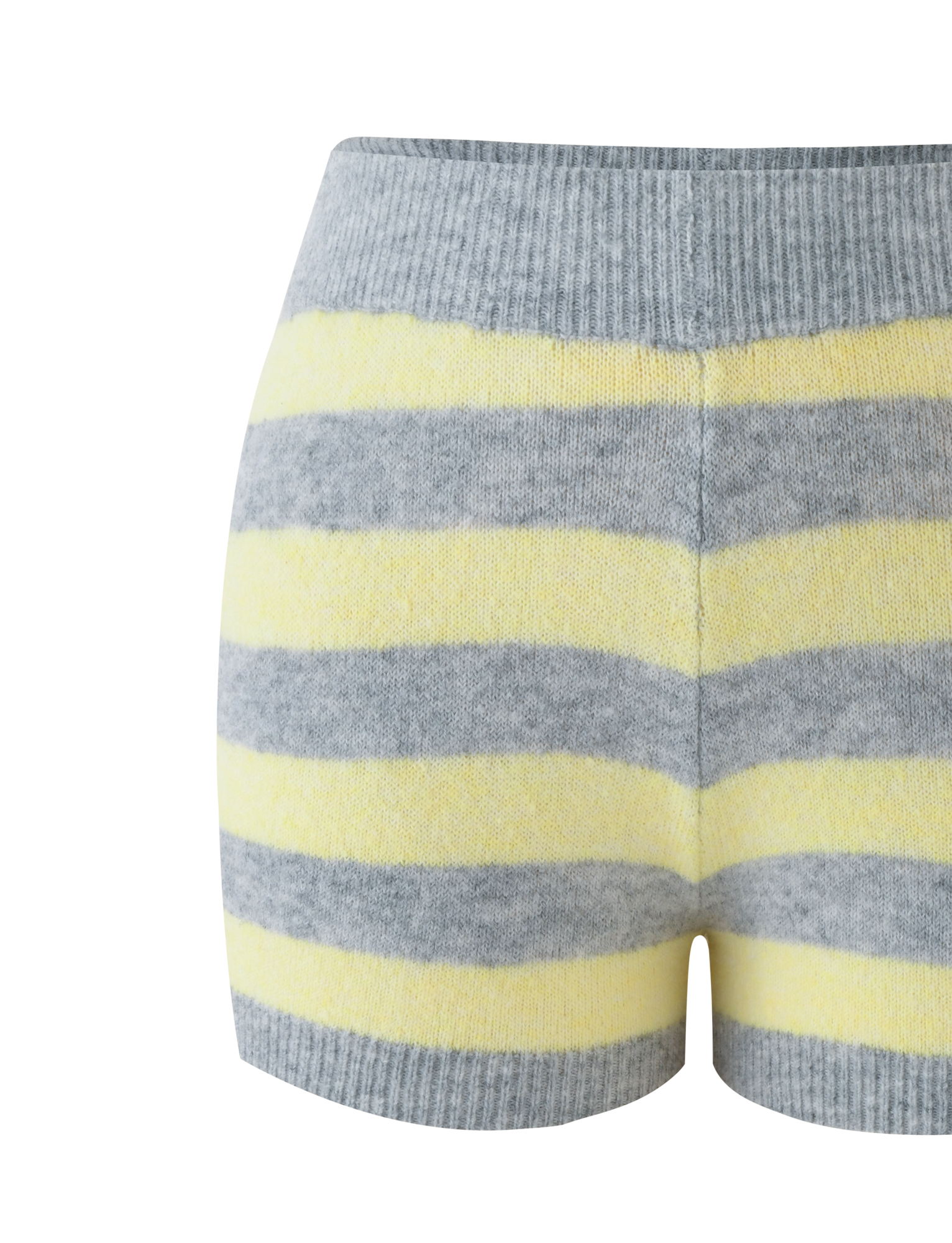 Close-up of the TIGERMIST KOA SHORT in yellow and grey stripe, featuring a wide ribbed waistband and a comfortable mid-rise fit.