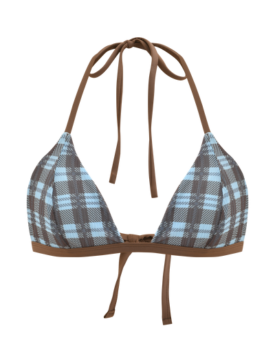 The TIGERMIST CITRINE BIKINI TOP - BLUE CHECK is a plaid halter bikini with blue, brown, and white checks, featuring brown contrast straps. Adjustable ties at neck and back. Photographed on a plain white background.